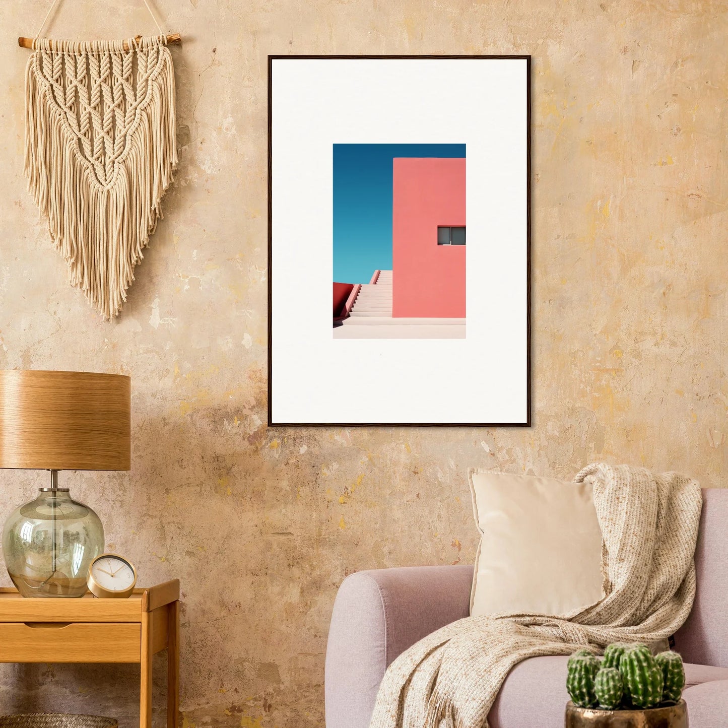 Framed wall art of Cerulean Dream Ickles with pink wall and blue sky for a chic vibe
