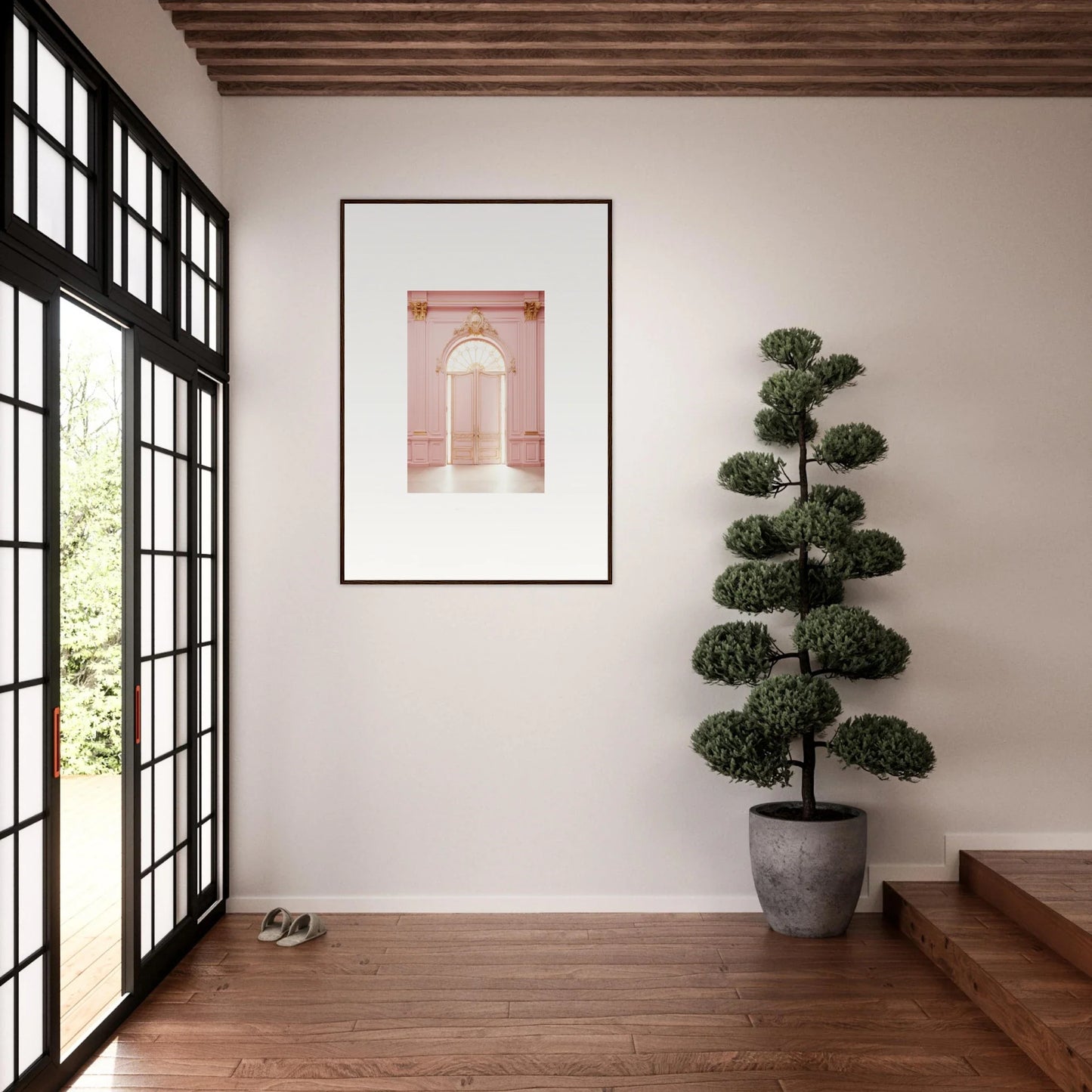 Framed wall art of a pink arched doorway from Luminous Dreams Portal special edition art™