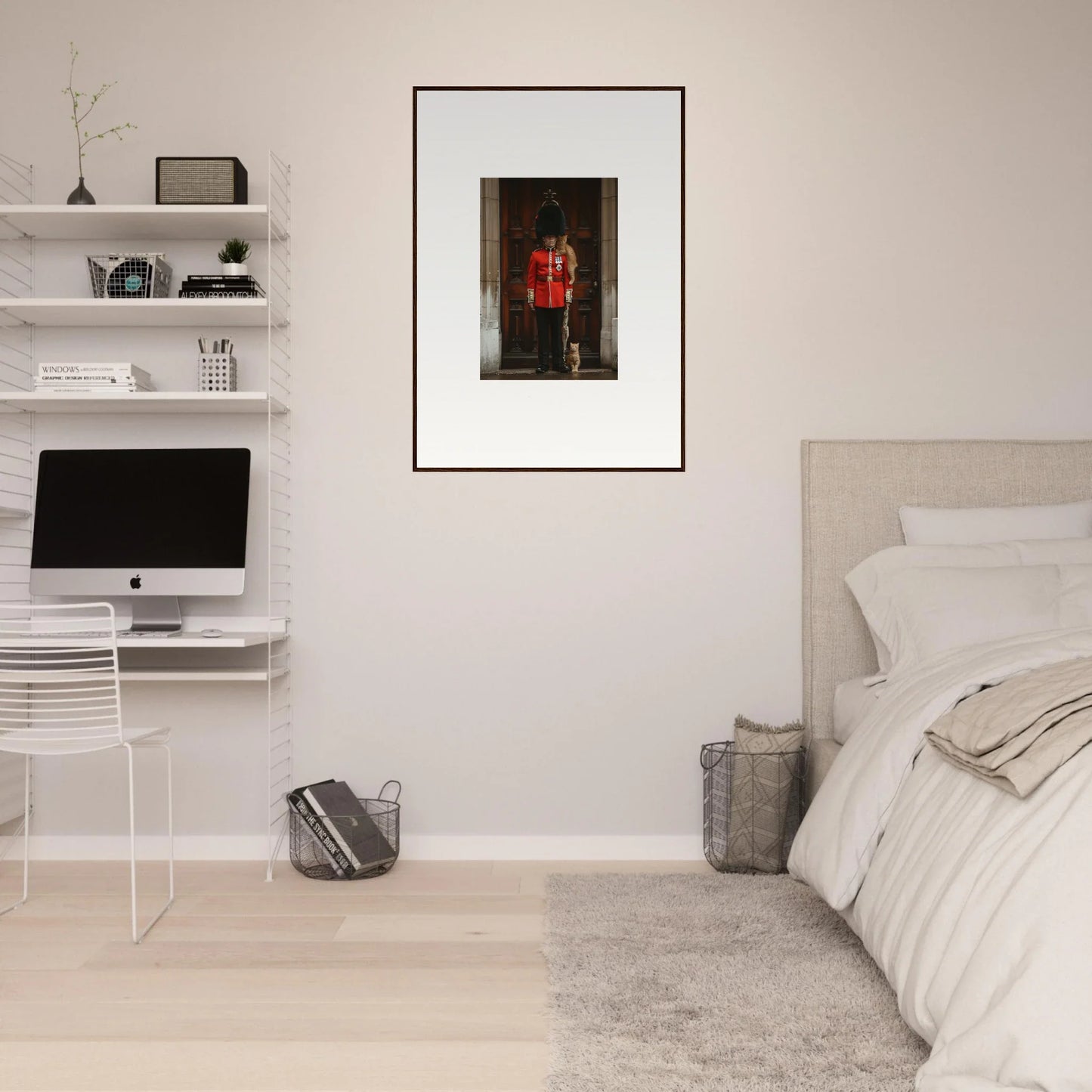Minimalist bedroom with God Save special edition art and cozy neutral bedding