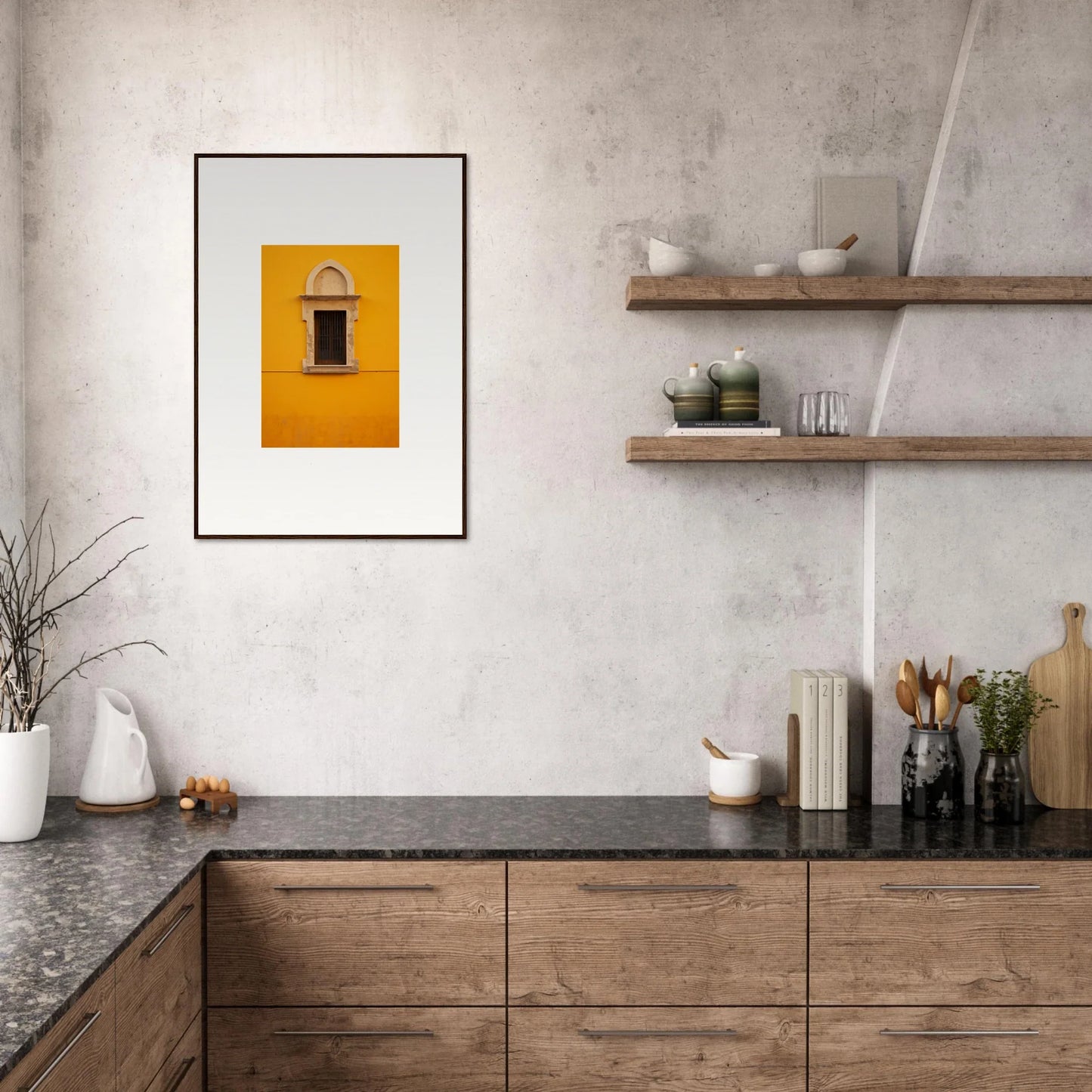 Framed wall art of a yellow wall and window in the Golden Correspondence Portal