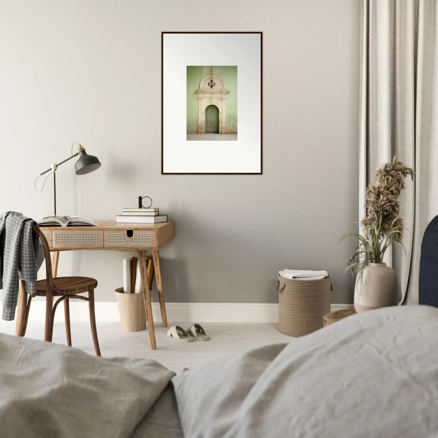 Minimalist bedroom workspace with wooden desk and vintage chair from Thresholds Quiet Whisper