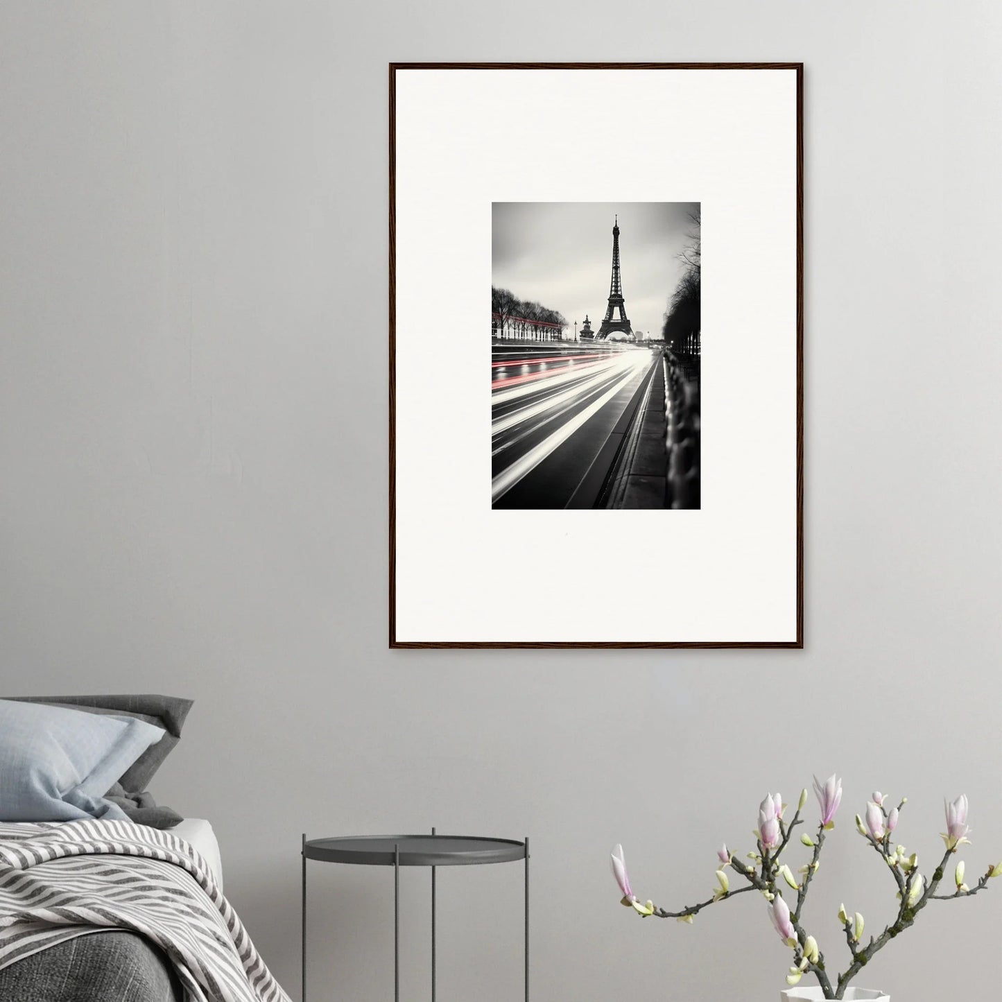 Framed black and white photo of the Eiffel Tower with light trails in Eternal Windsweep Halo