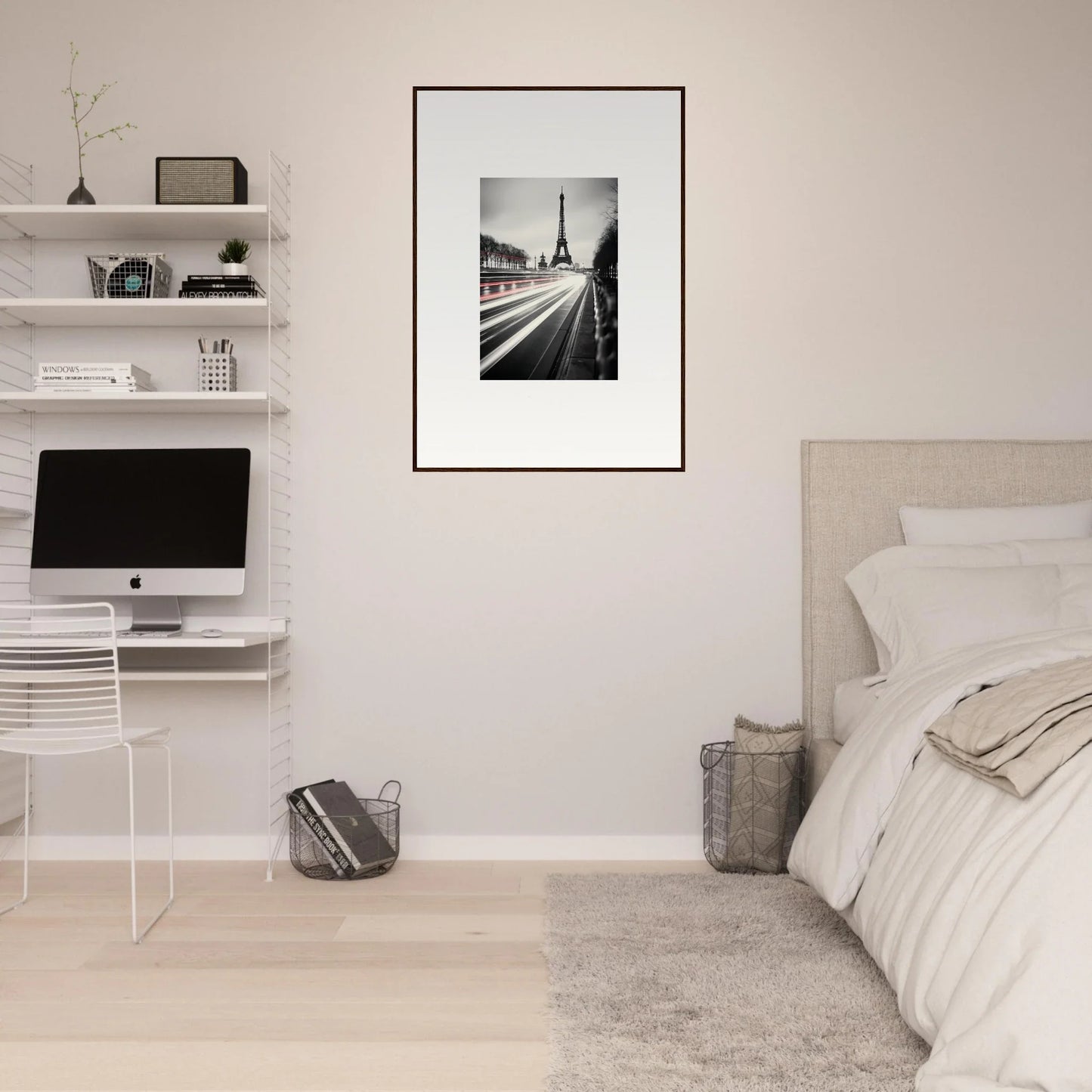 Minimalist bedroom featuring Eternal Windsweep Halo, iMac workstation, and Eiffel Tower art