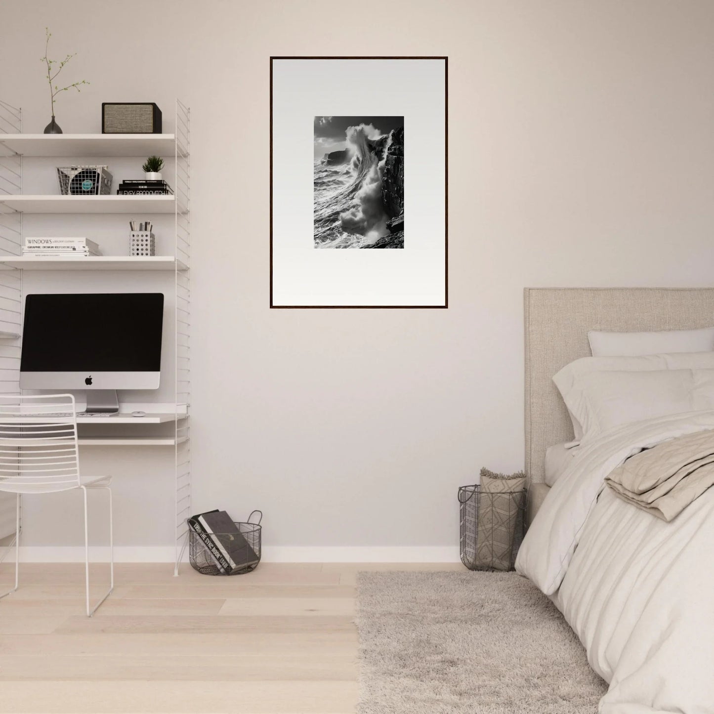Minimalist bedroom featuring Tidal Curved Reality with floating shelves and framed wall art