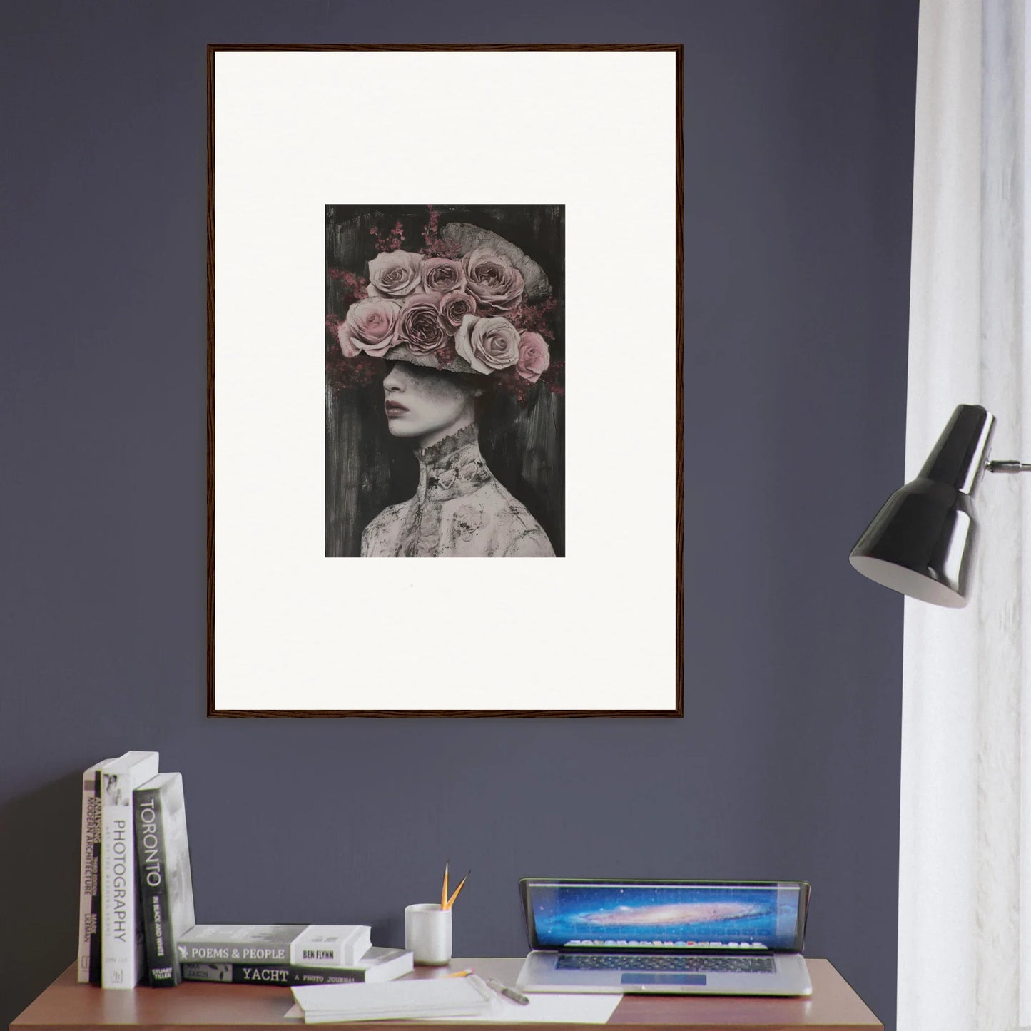 Framed black and white art of a figure in pink roses for Floral Odyssey Veil