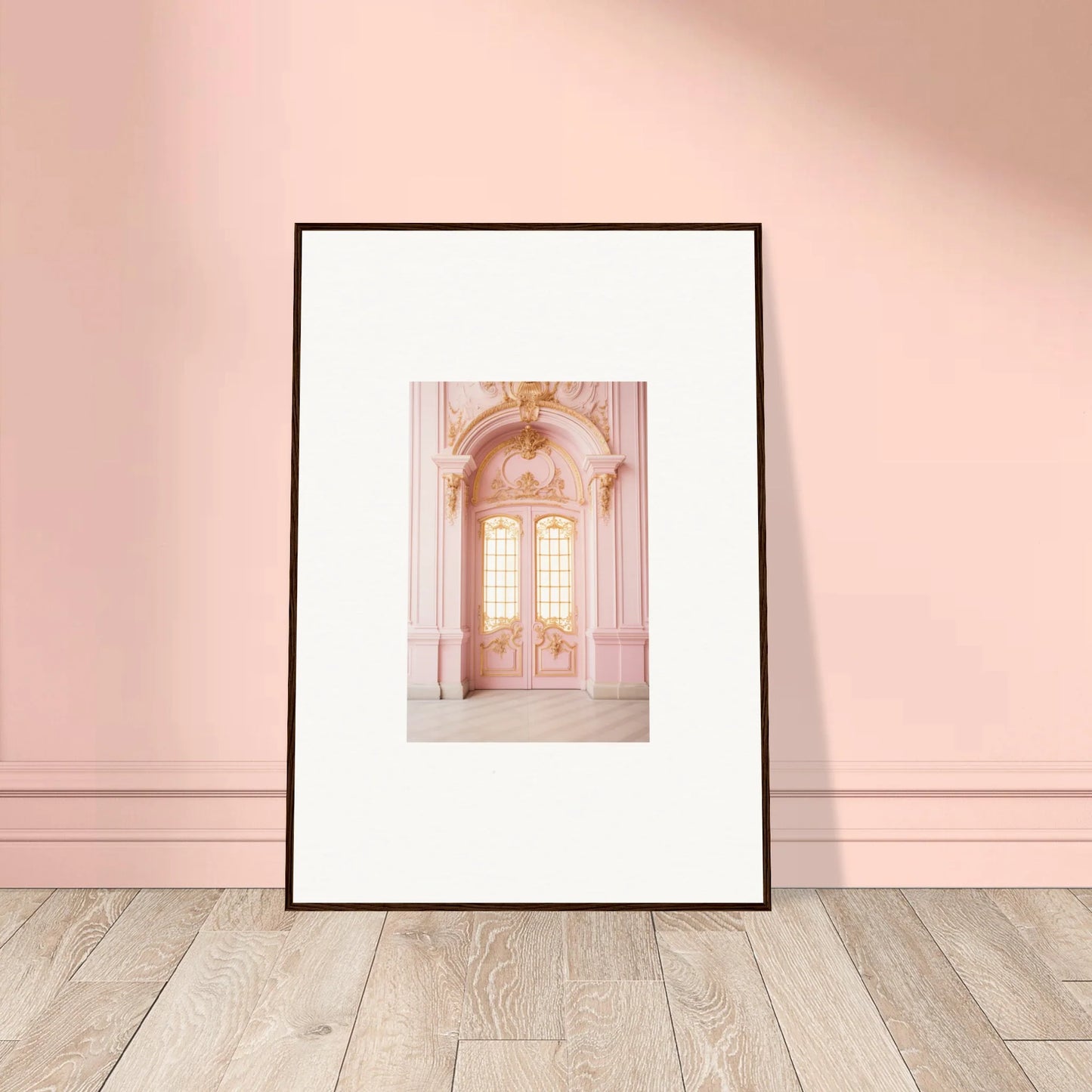 Framed wall art of an ornate pink palace doorway from Ethereal Rose Haven