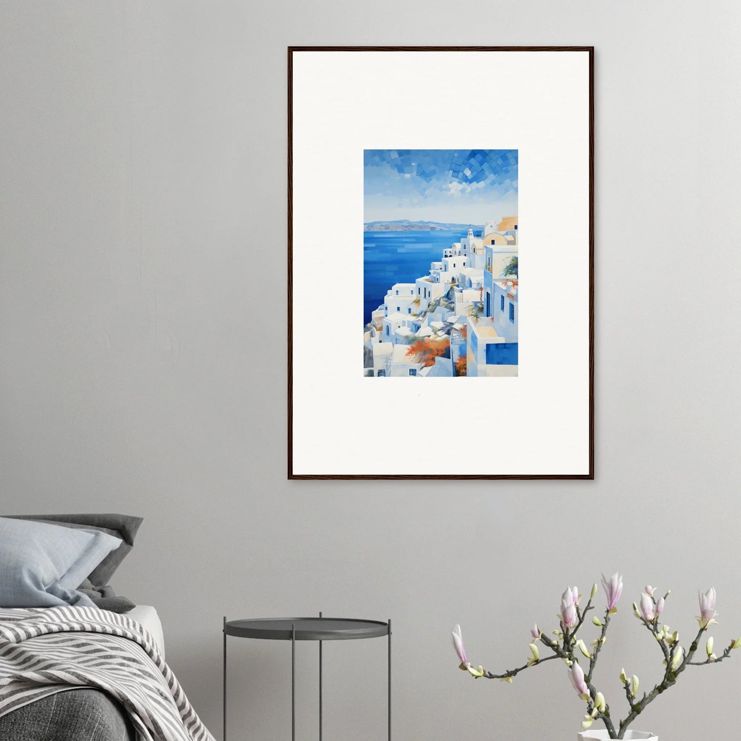 Framed wall art of Santorini’s white buildings and blue domes in Ethereal Azure Echoes