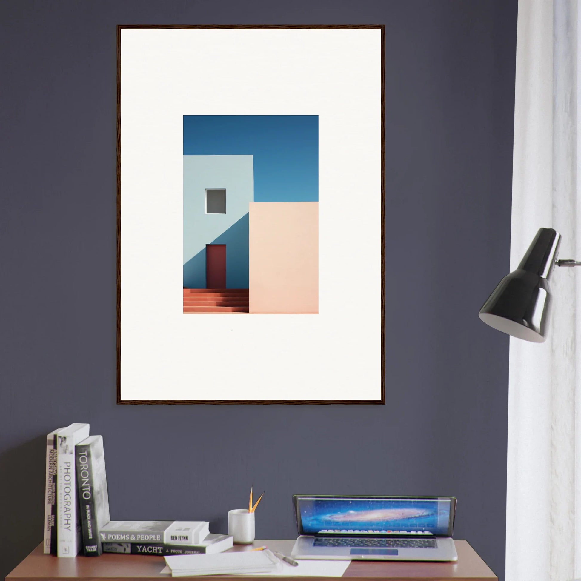 Framed minimalist photograph of a white building with a red door for premium framed wall decor