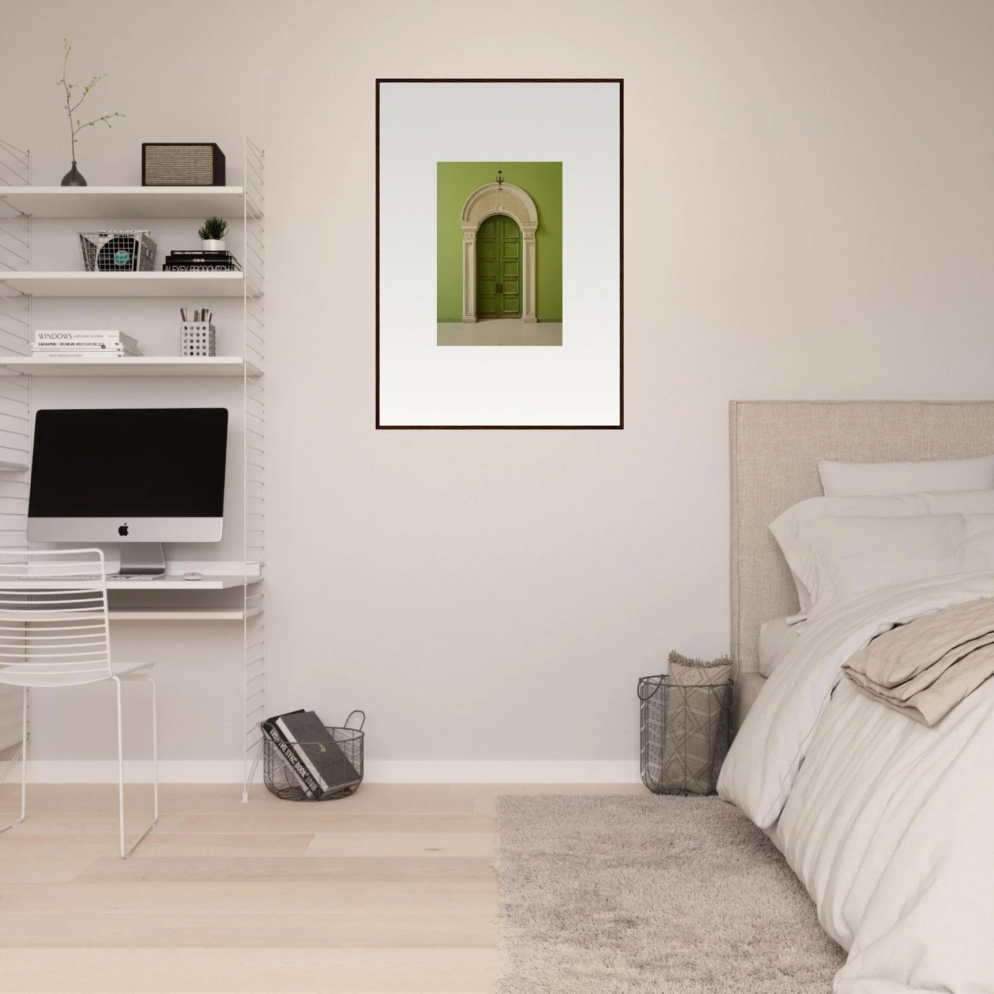 Minimalist bedroom featuring Verdant Luminary Portal framed wall art and iMac setup