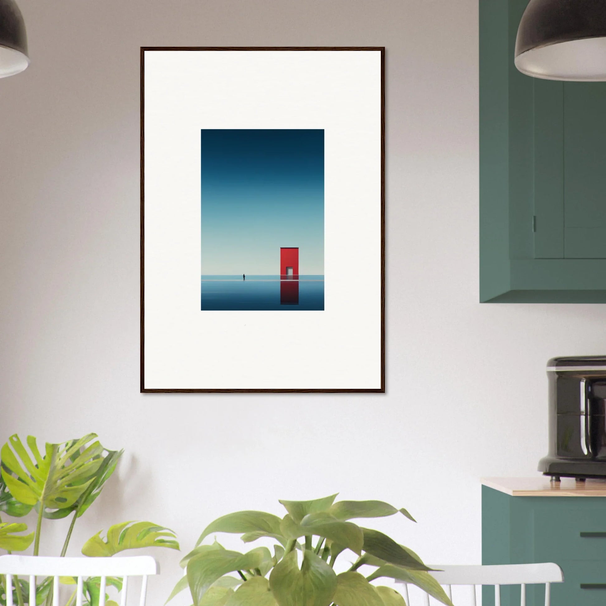Framed minimalist artwork of a red phone booth with a blue sky for Open Horizon special edition art™