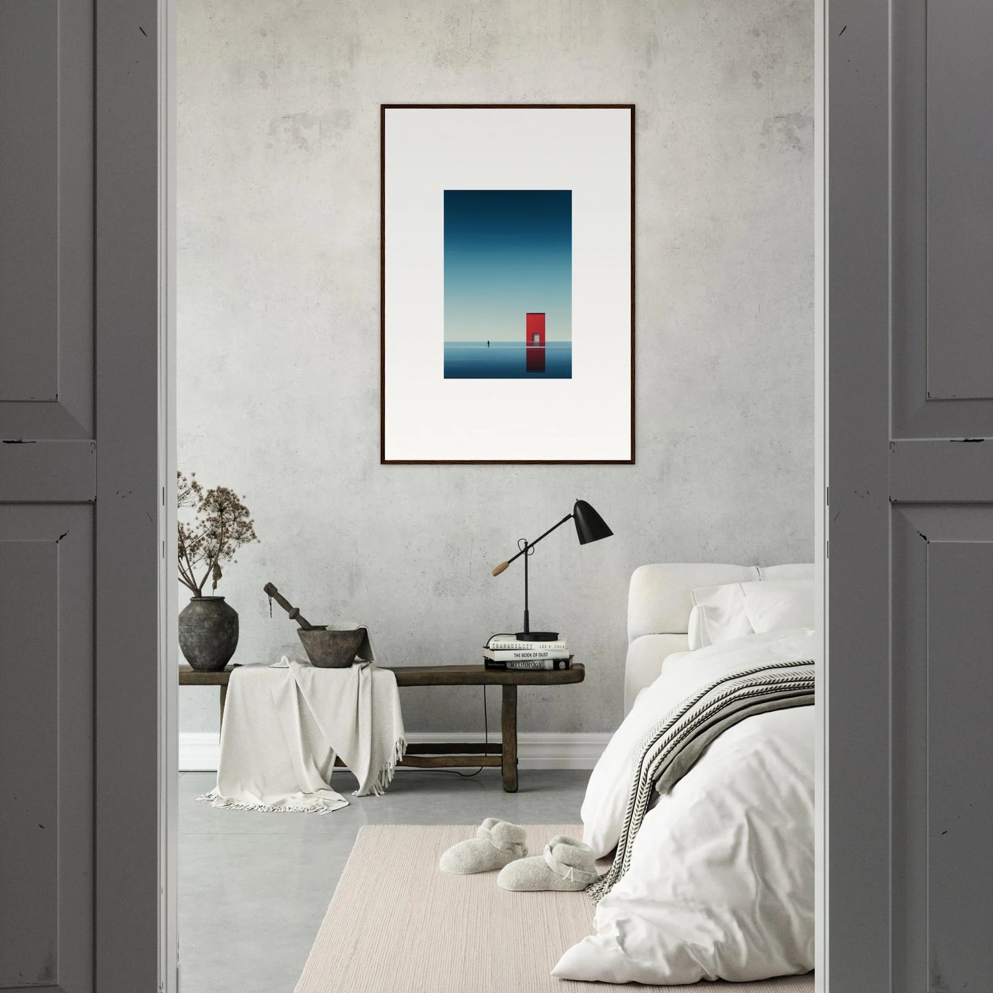 Framed minimalist artwork of a red lighthouse in blue sky for Open Horizon special edition art™
