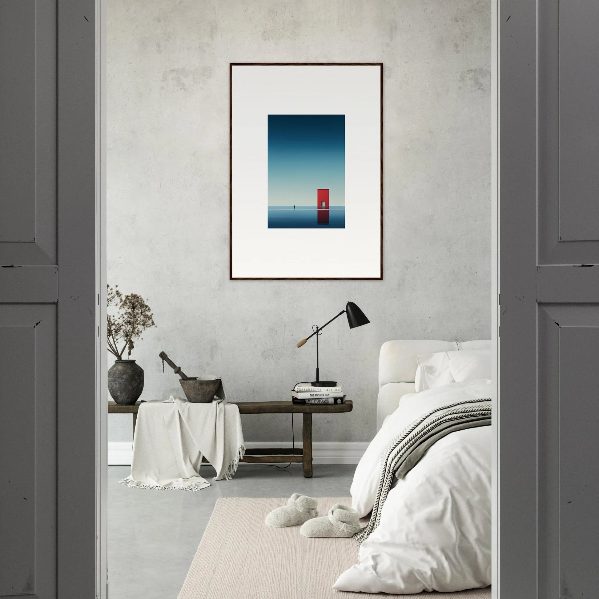Framed minimalist artwork of a red lighthouse in blue sky for Open Horizon special edition art™
