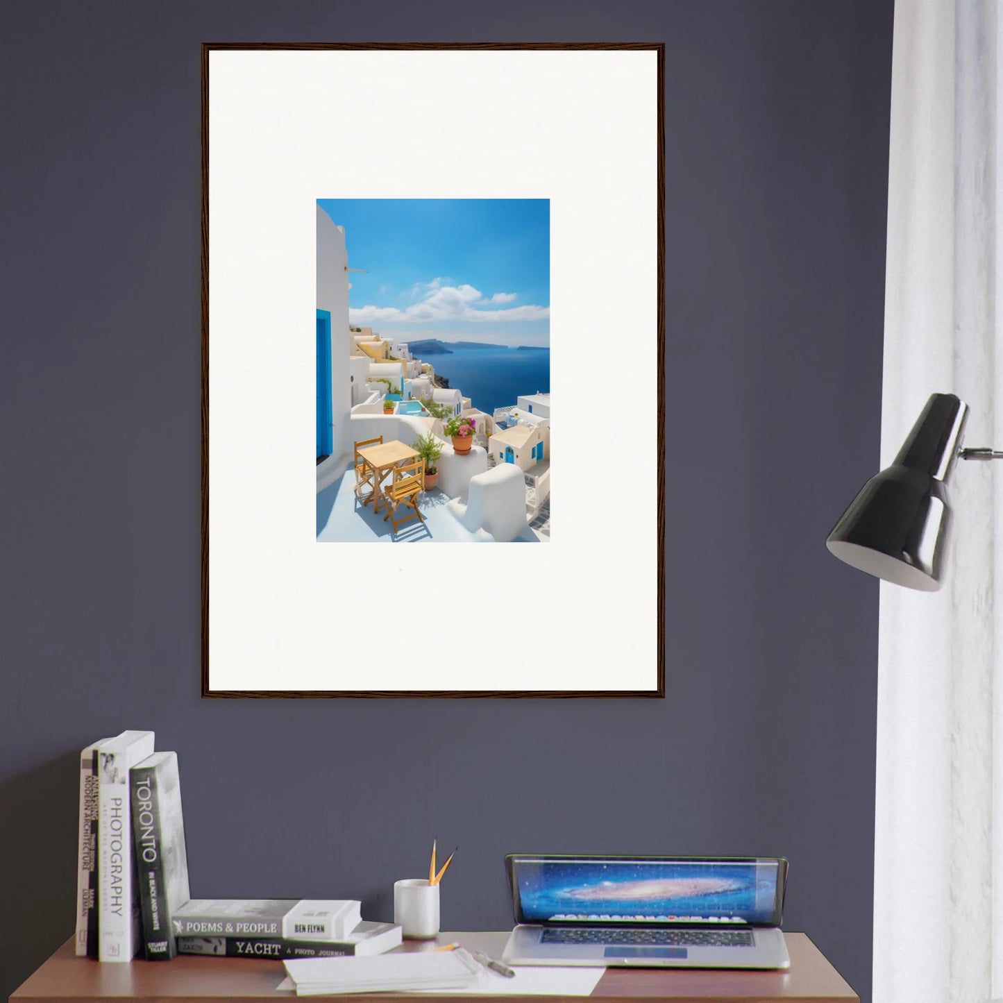 Framed poster of a dreamy Santorini view in the Dream-Touched Odyssey collection