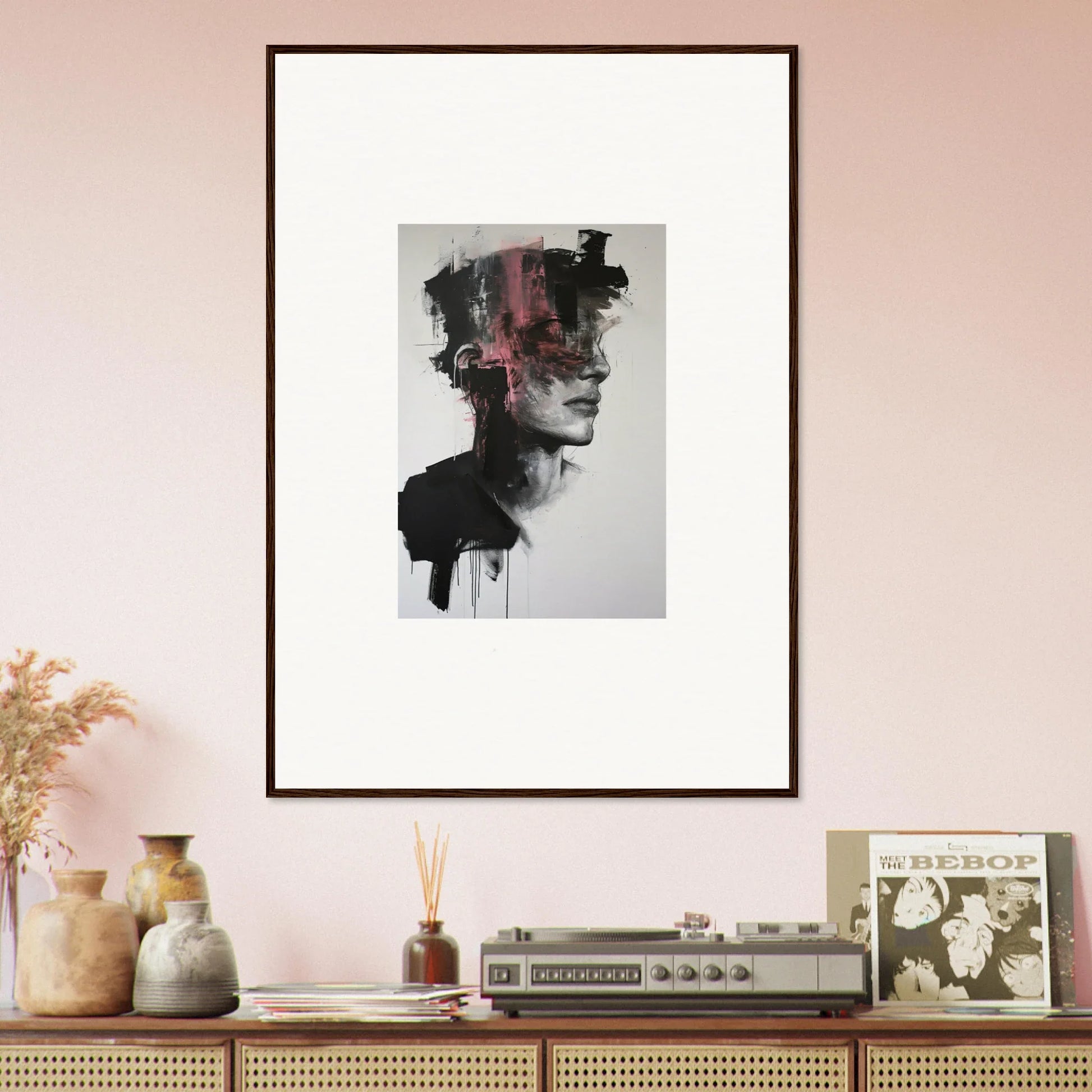 Abstract portrait with dark brushstrokes and red tones, perfect for Fragmented Psyche Canvas