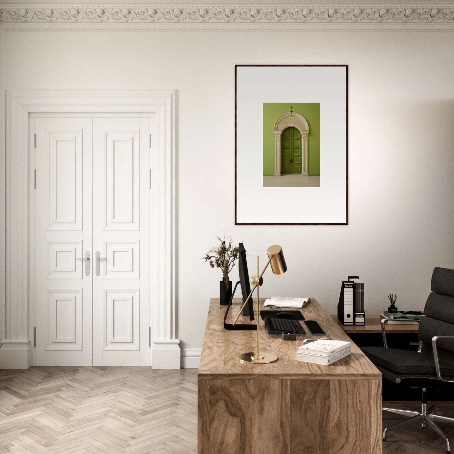 Wooden desk with a typewriter and office supplies in the Verdant Luminary Portal collection