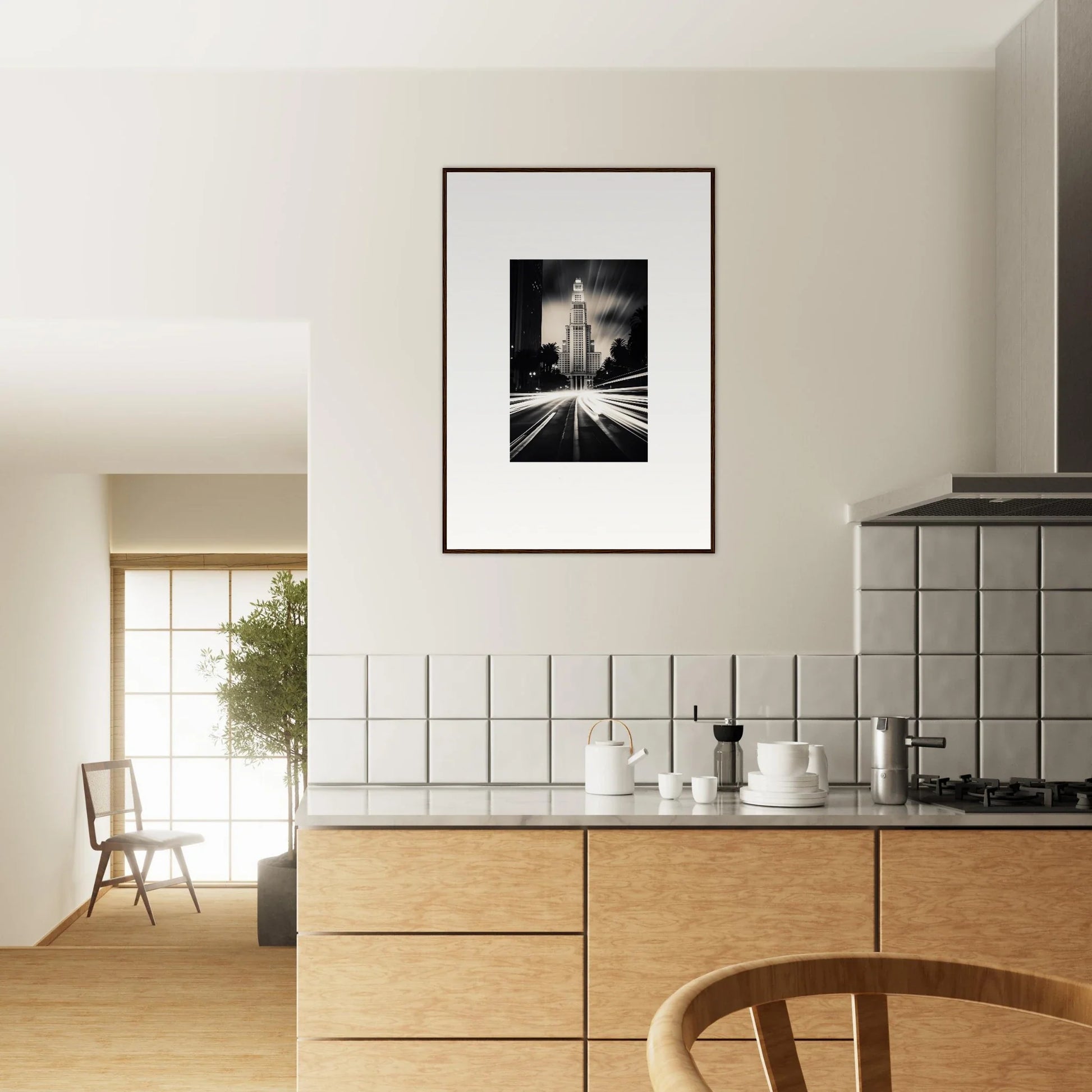 Black and white framed photograph of a city street, perfect for the Luminescent Metropolis Beacon