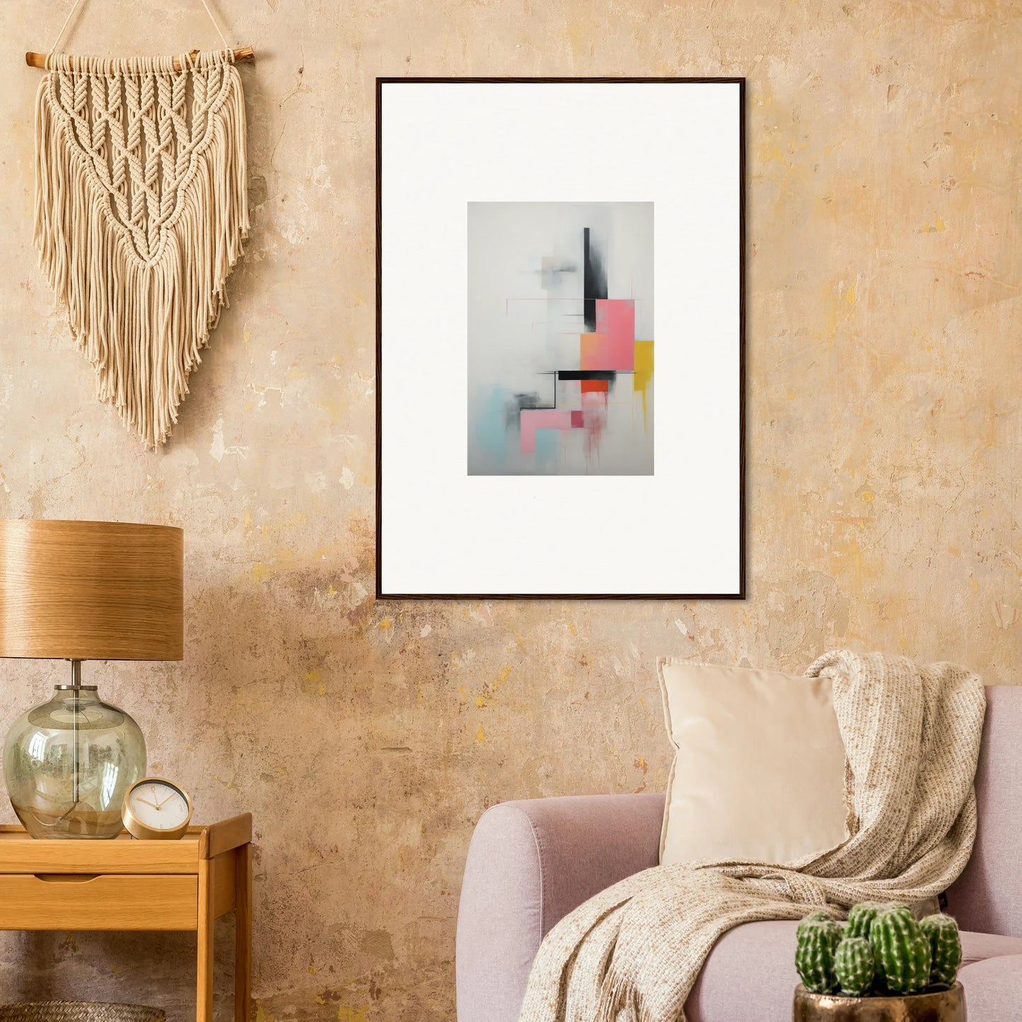 Framed wall art of Ethereal Chrome Juxtaposition with geometric shapes in black, pink, yellow