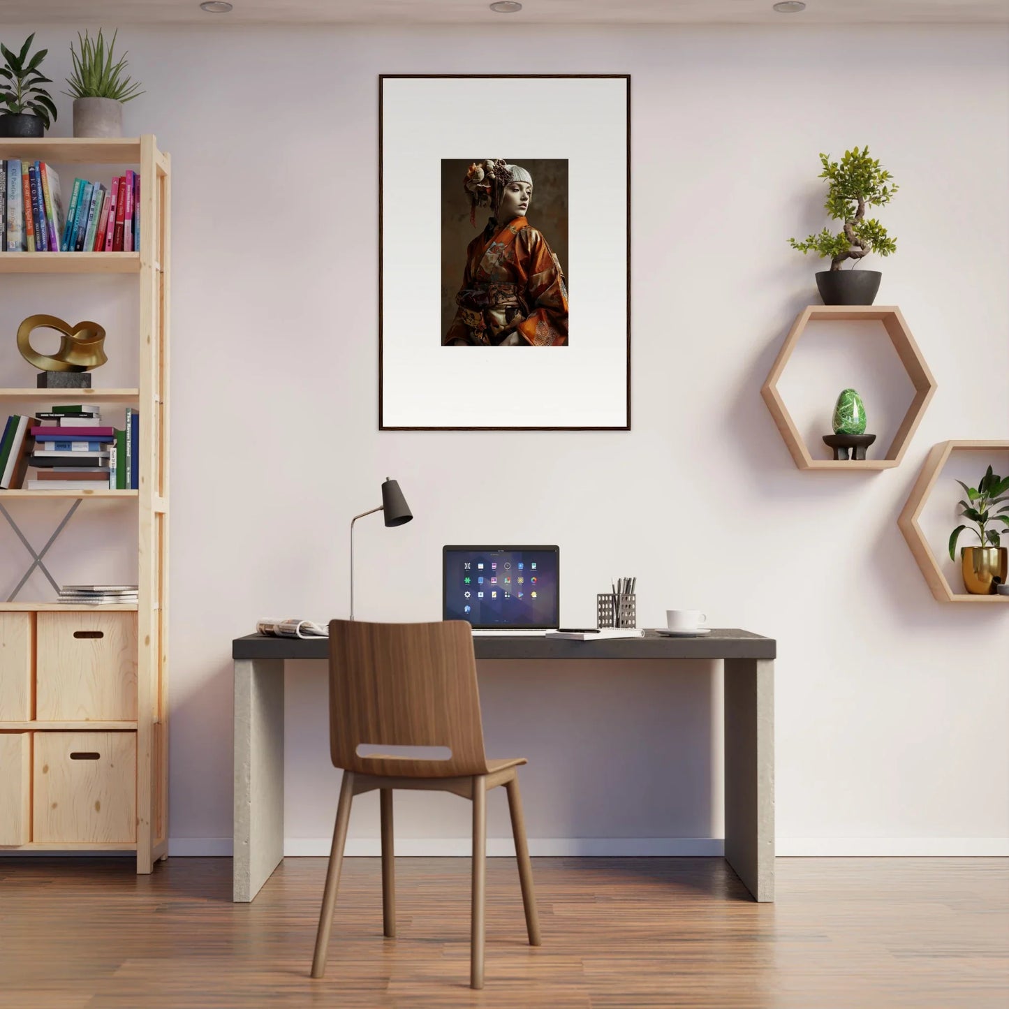 Home office with Serene Geisha wall art, stylish desk, and cozy room decoration