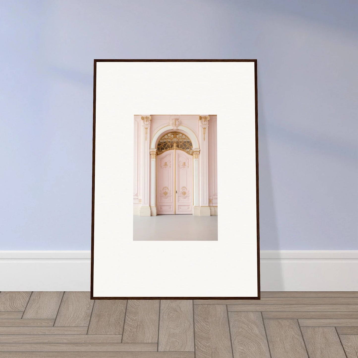 Framed wall art of an ornate white double door with decorative archway molding