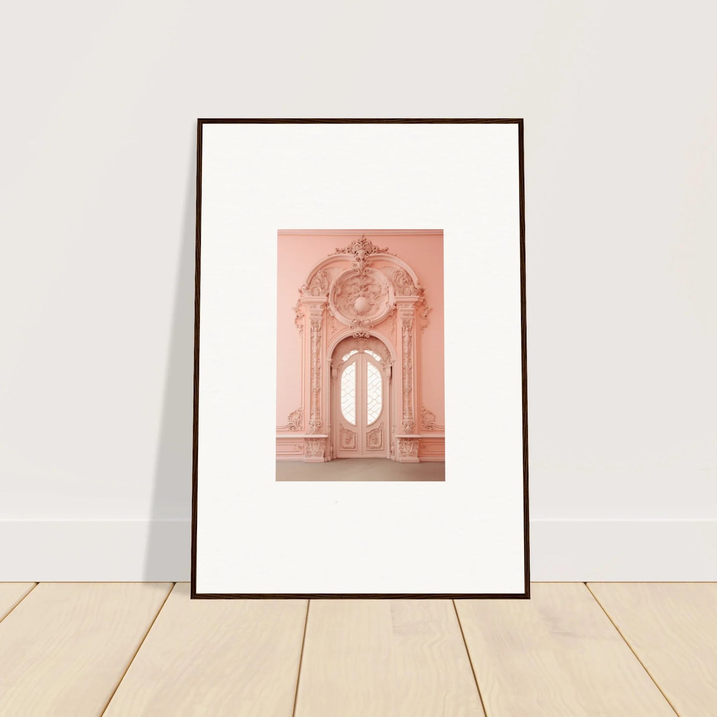 Framed wall art of a pink ornate doorway from the Ether Pendantia Portal collection