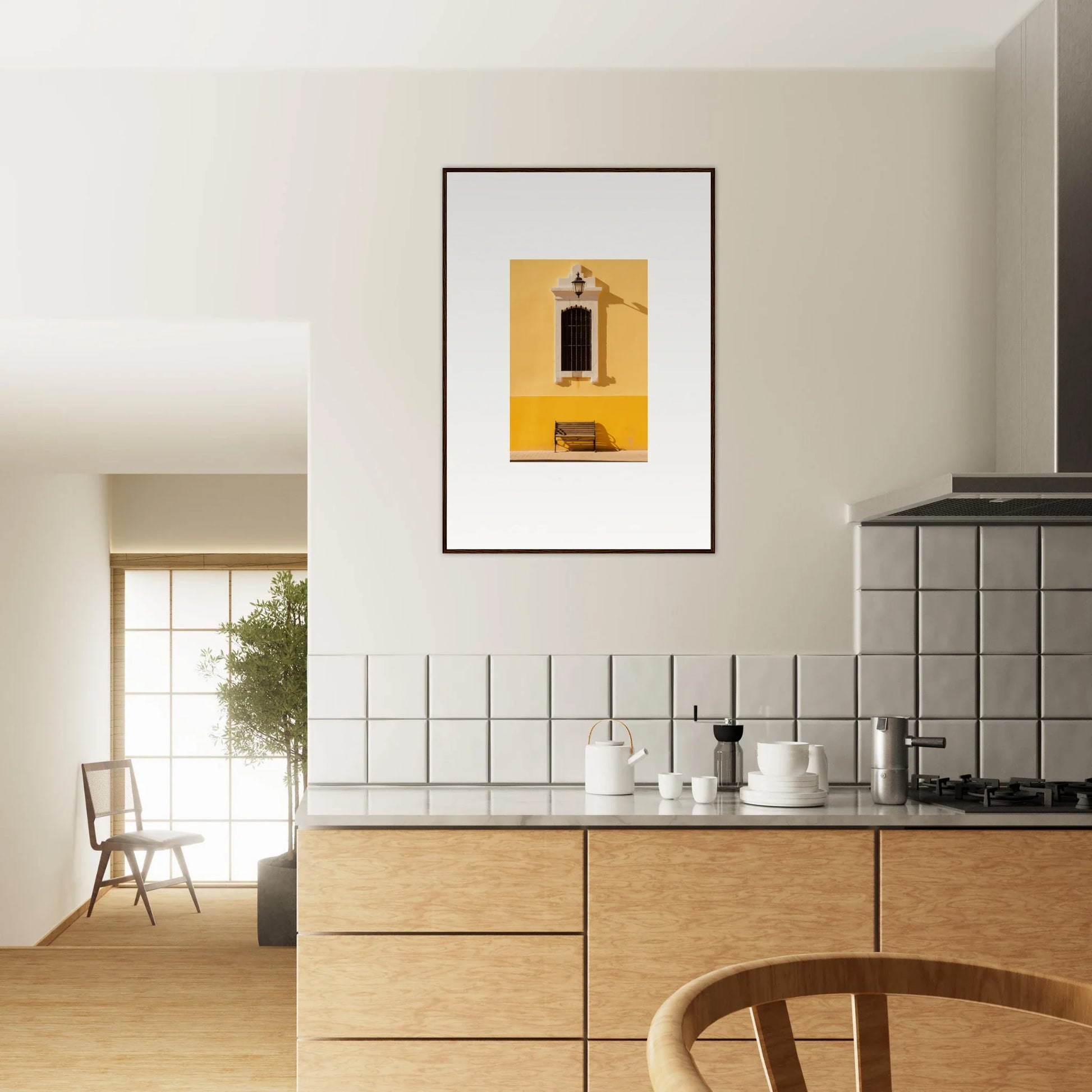 Framed photo of a yellow building and bench, perfect for Six-Light Cult Optionsky