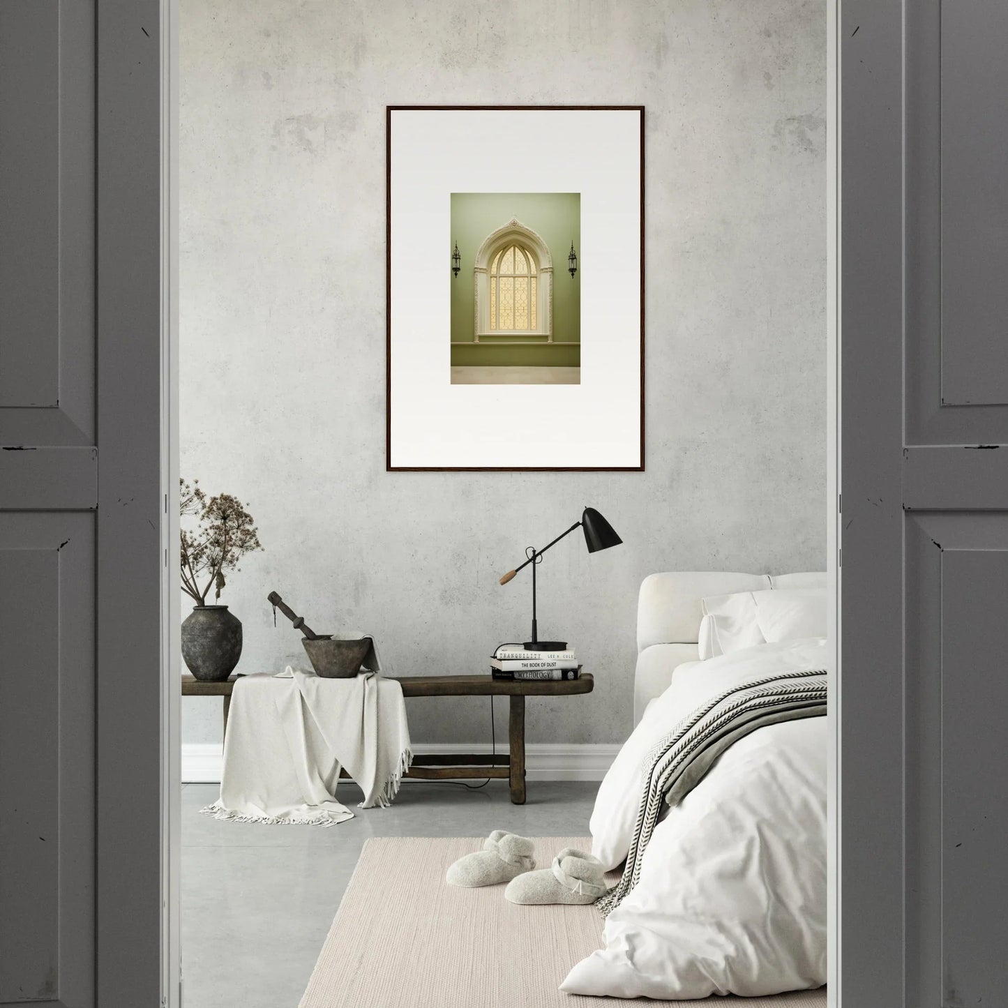 Framed wall art of an arched window on a gray wall in Opalescent Tranquility Dwelling