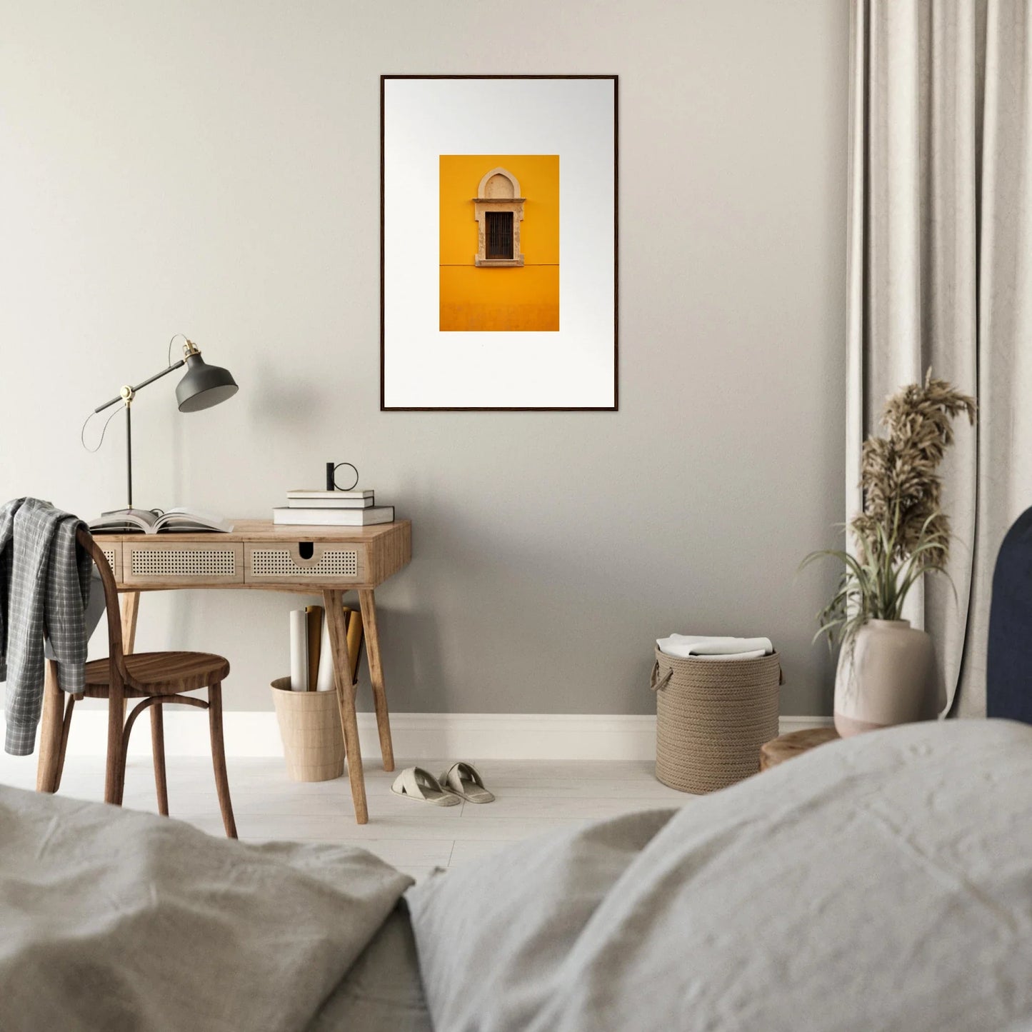 Framed wall art of a yellow wall with a black window for Golden Correspondence Portal