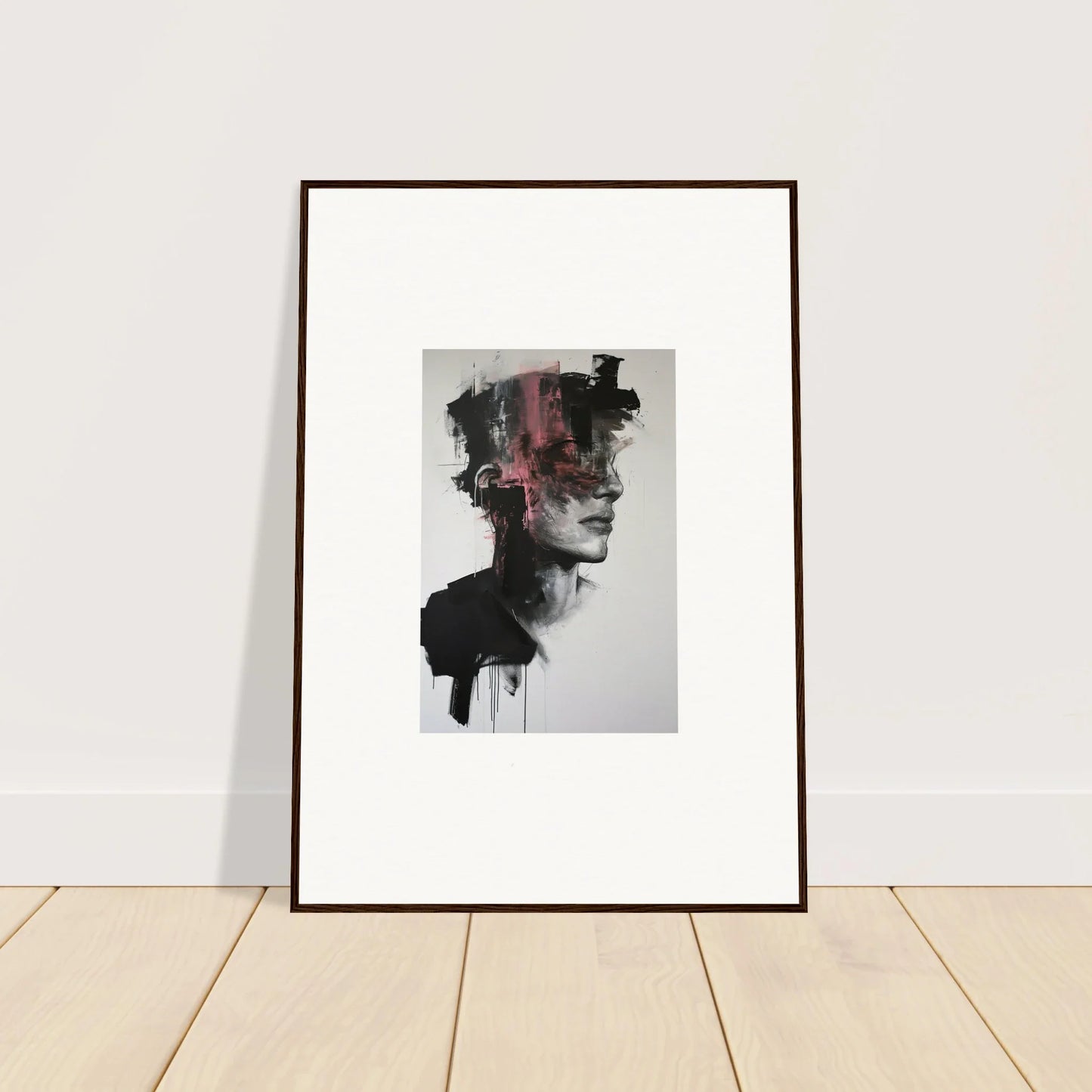 Framed abstract portrait with black and pink strokes from Fragmented Psyche Canvas