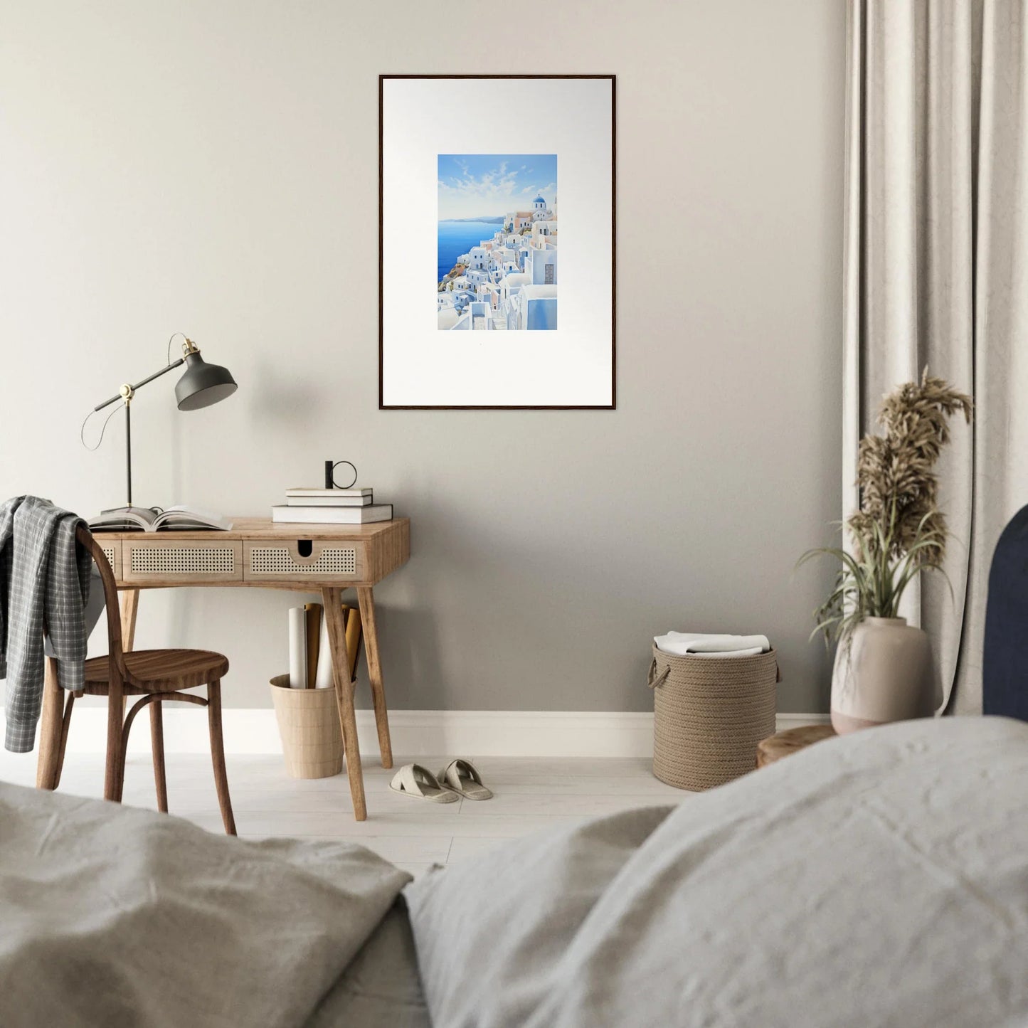 Framed premium wall art of Santorini’s white buildings, dreams overlapping reality