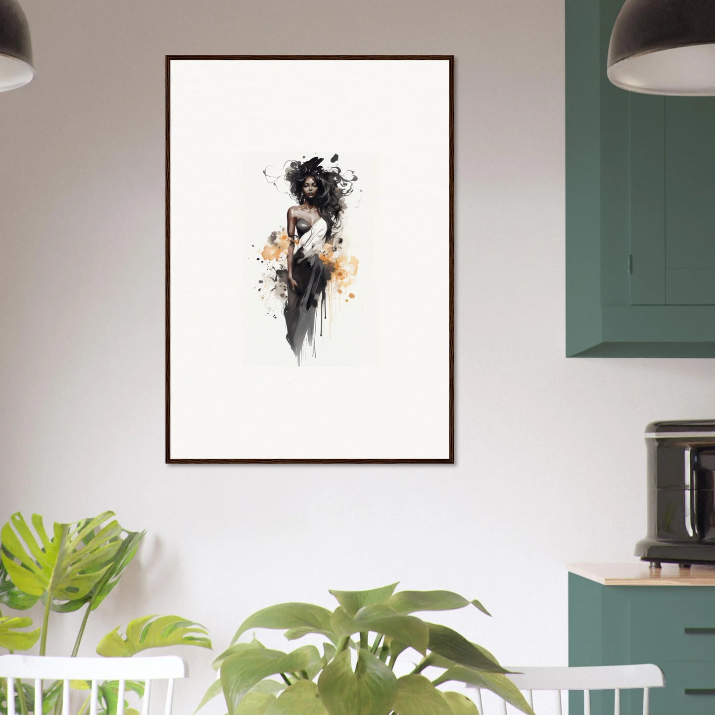 Abstract black and orange minimalist figure artwork from Harlequin Suns Wash framed art