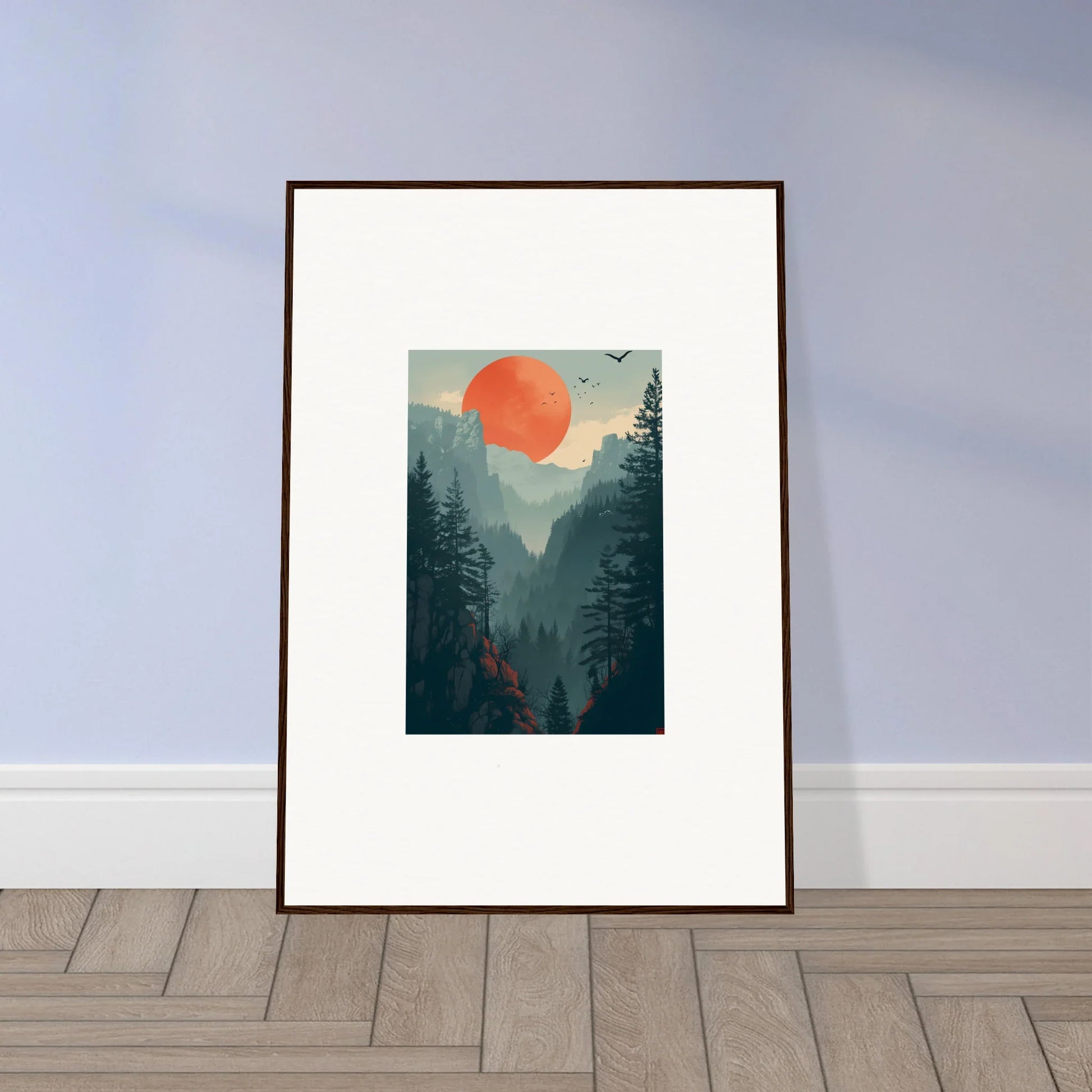 Framed canvas print of a forest landscape with a red sun for unique room decoration