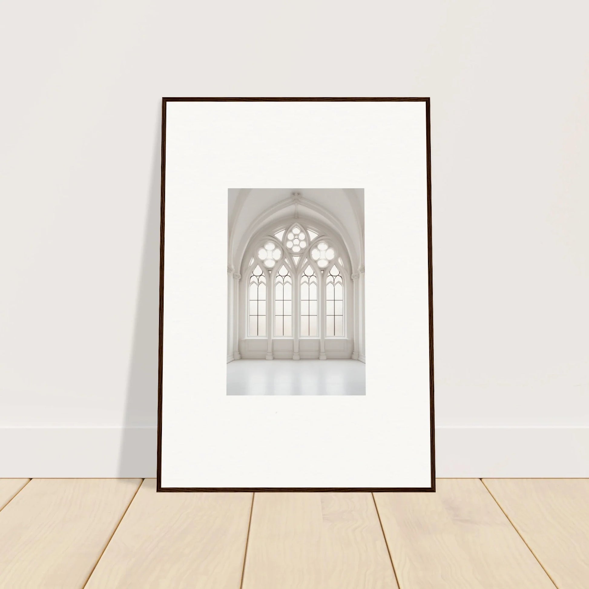 Framed wall art of a Gothic church window in Ethereal Light Elegy style
