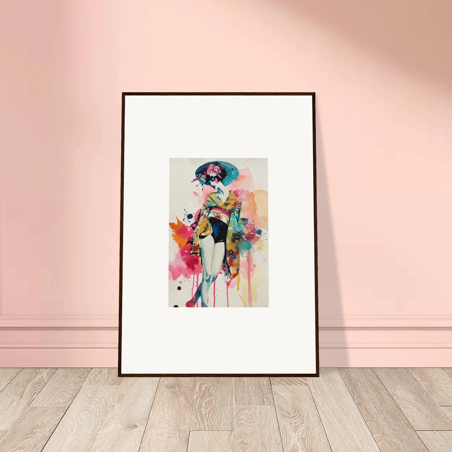 Framed watercolor wall art of a vibrant figure for stylish room decoration