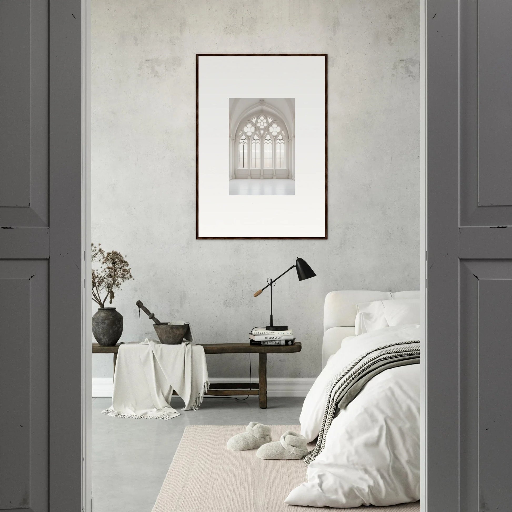 Minimalist bedroom showcasing Ethereal Light Elegy framed wall art with white bedding