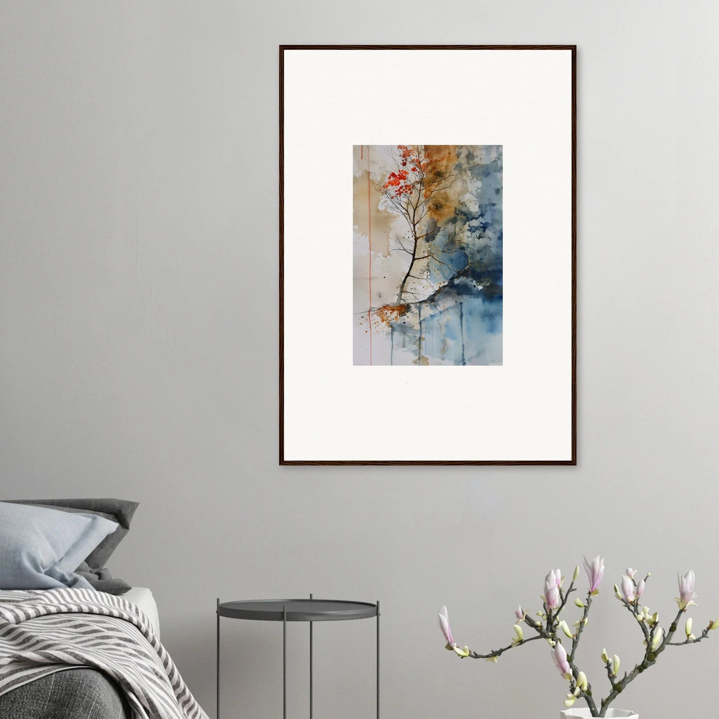 Framed watercolor wall art of a tree branch with colorful leaves for room decoration