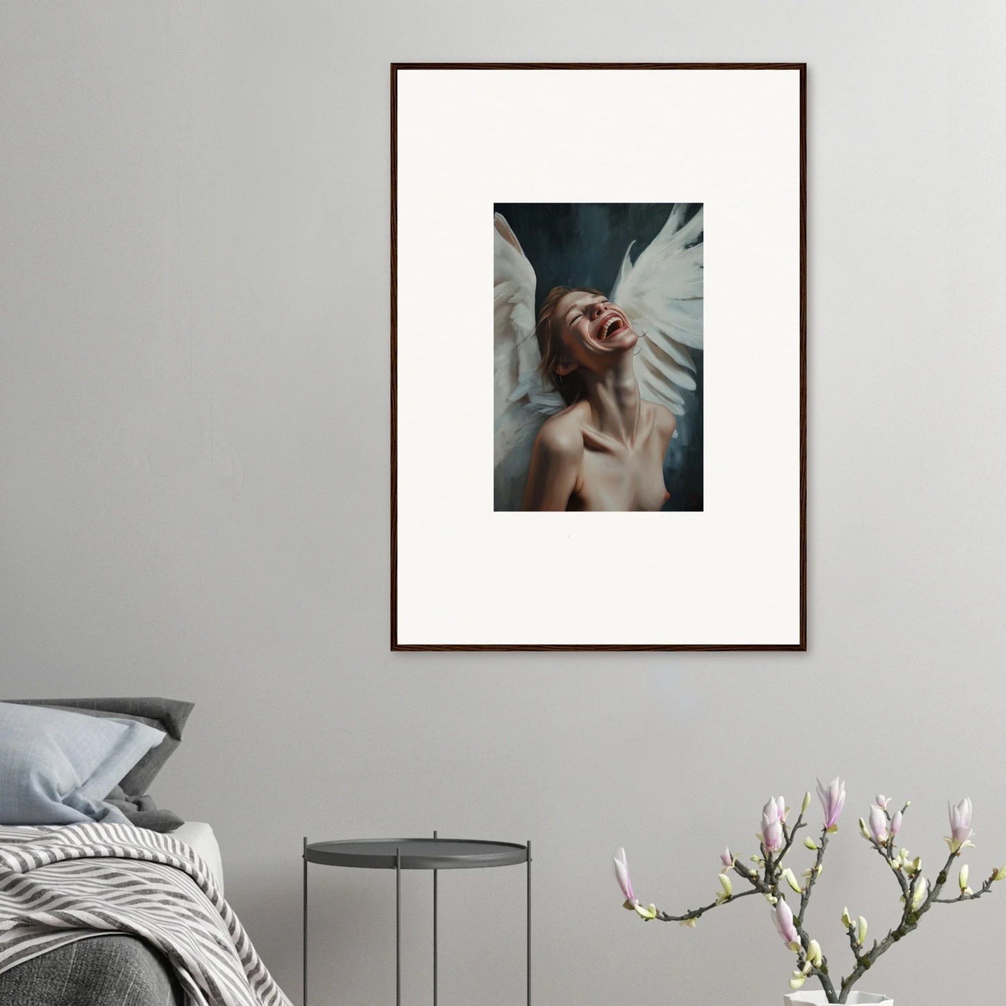 Framed wall art of a person with an emotive expression perfect for room decoration