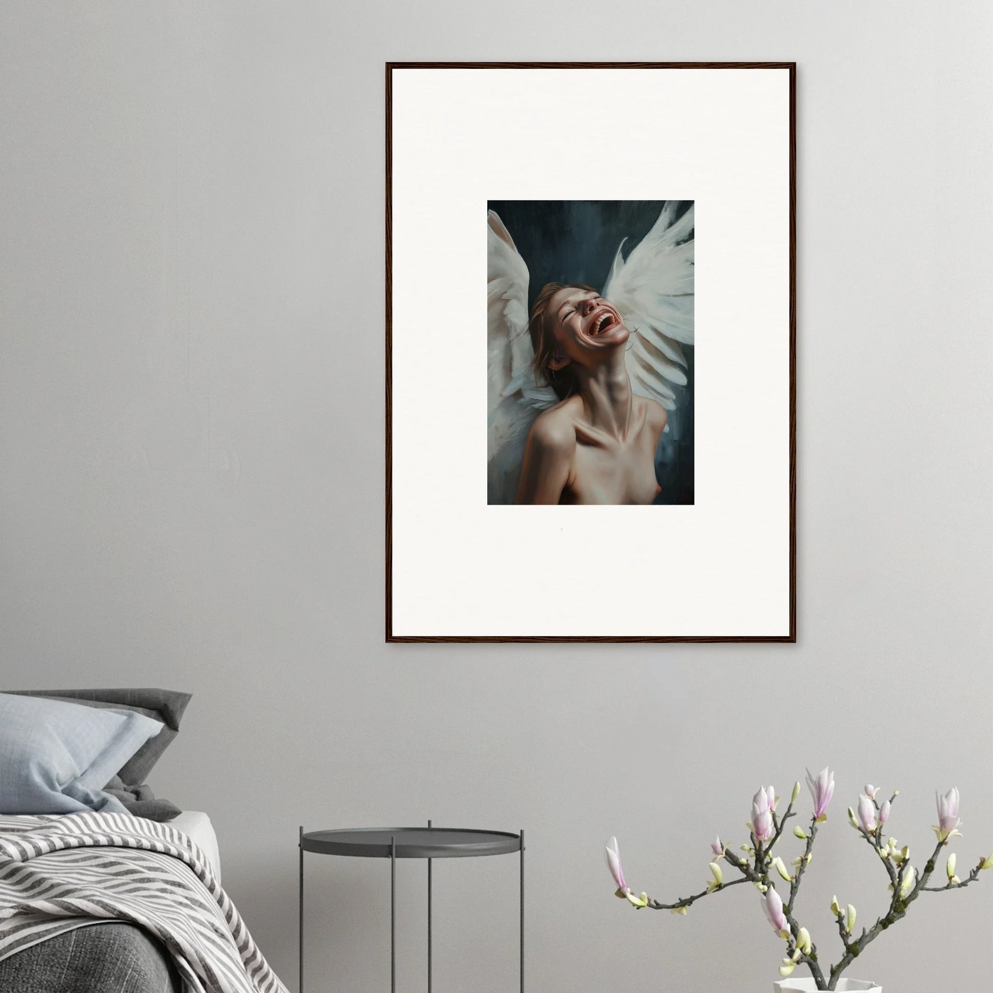 Framed wall art of a person with an emotive expression perfect for room decoration