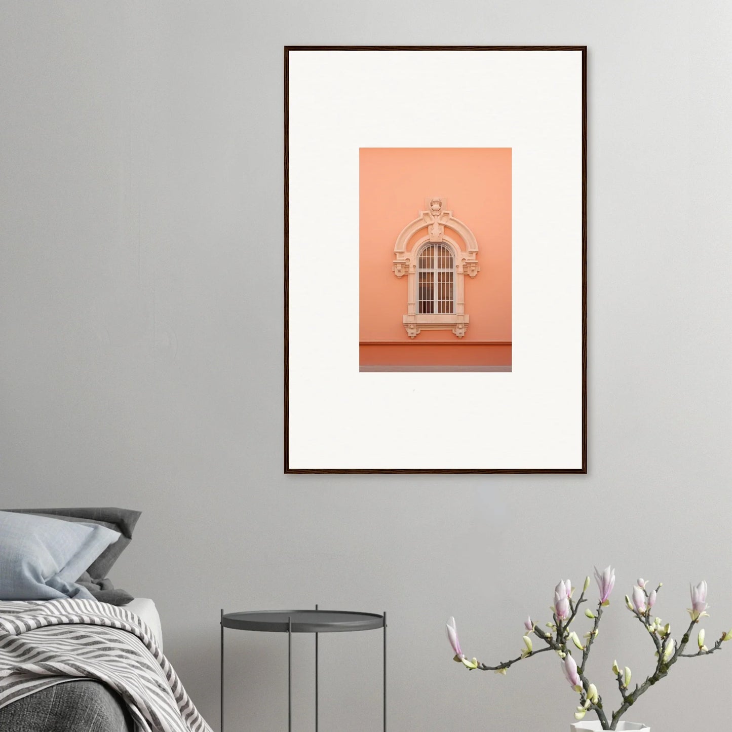 Ornate window with decorative molding on coral wall from Opulent Dualities Neoclassical special edition art™