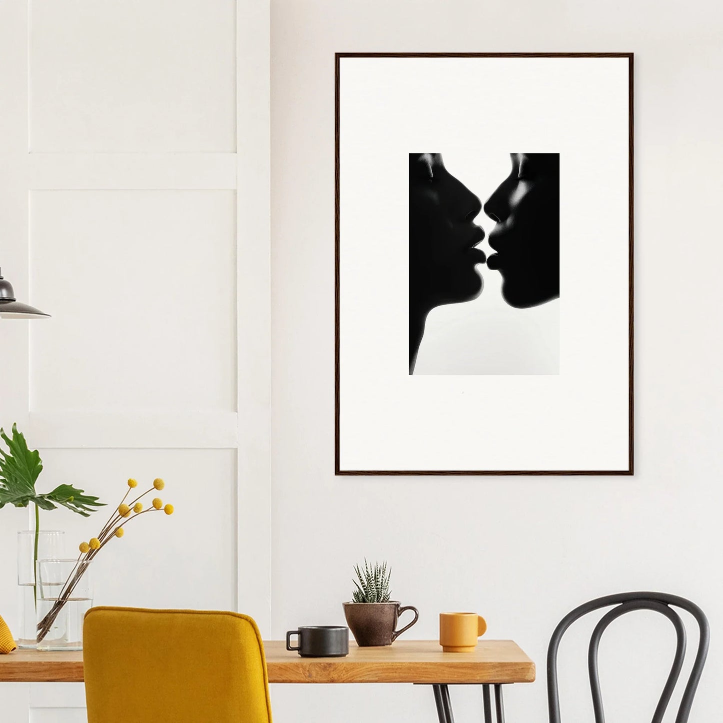 Black and white silhouette of two profiles about to kiss in Midnight Kissing Echoes framed wall art