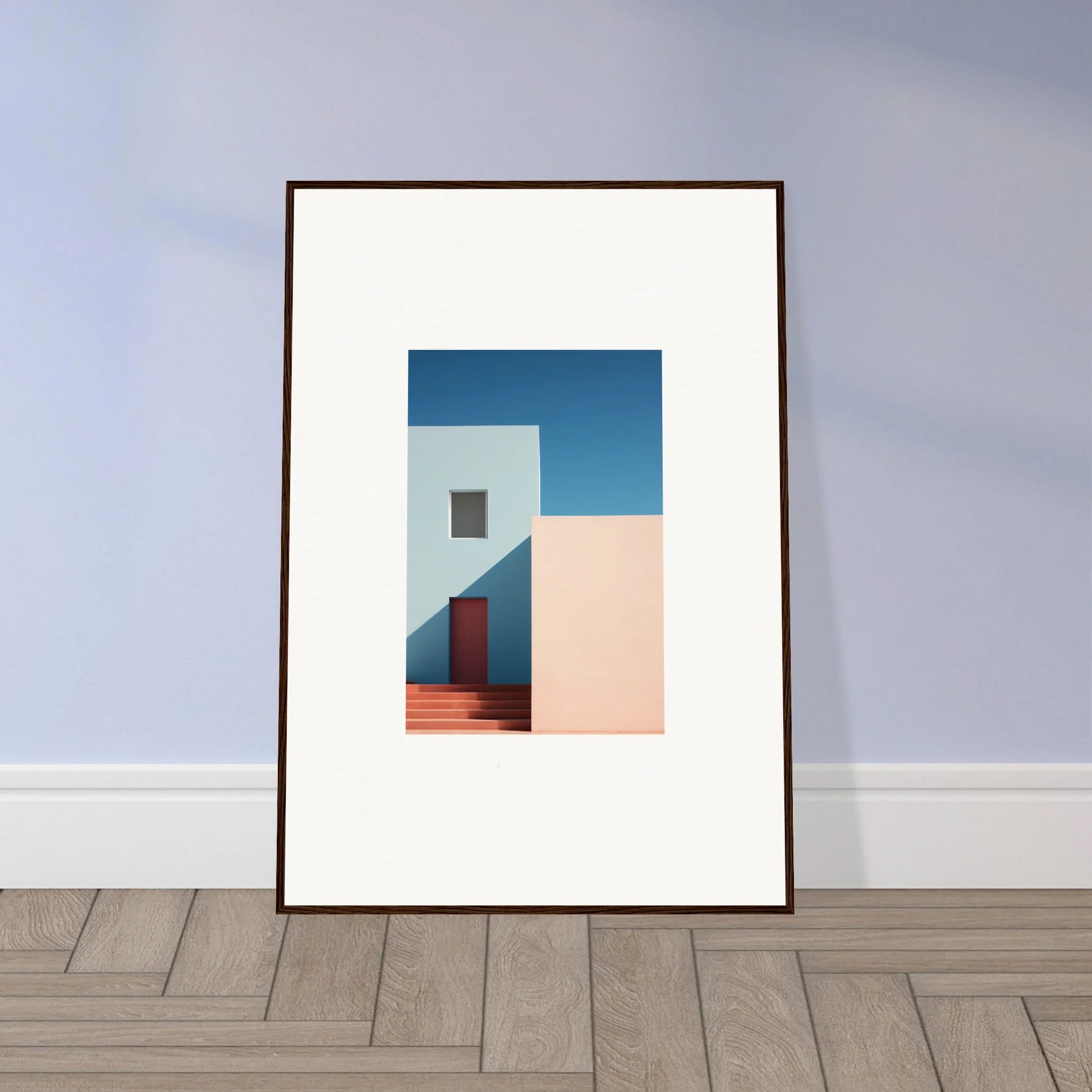 Framed minimalist architectural photo with red door and blue sky for premium framed wall