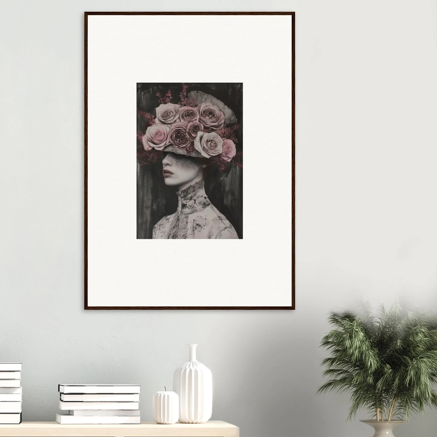 Framed wall art of a figure in a crown of pink roses from Floral Odyssey Veil