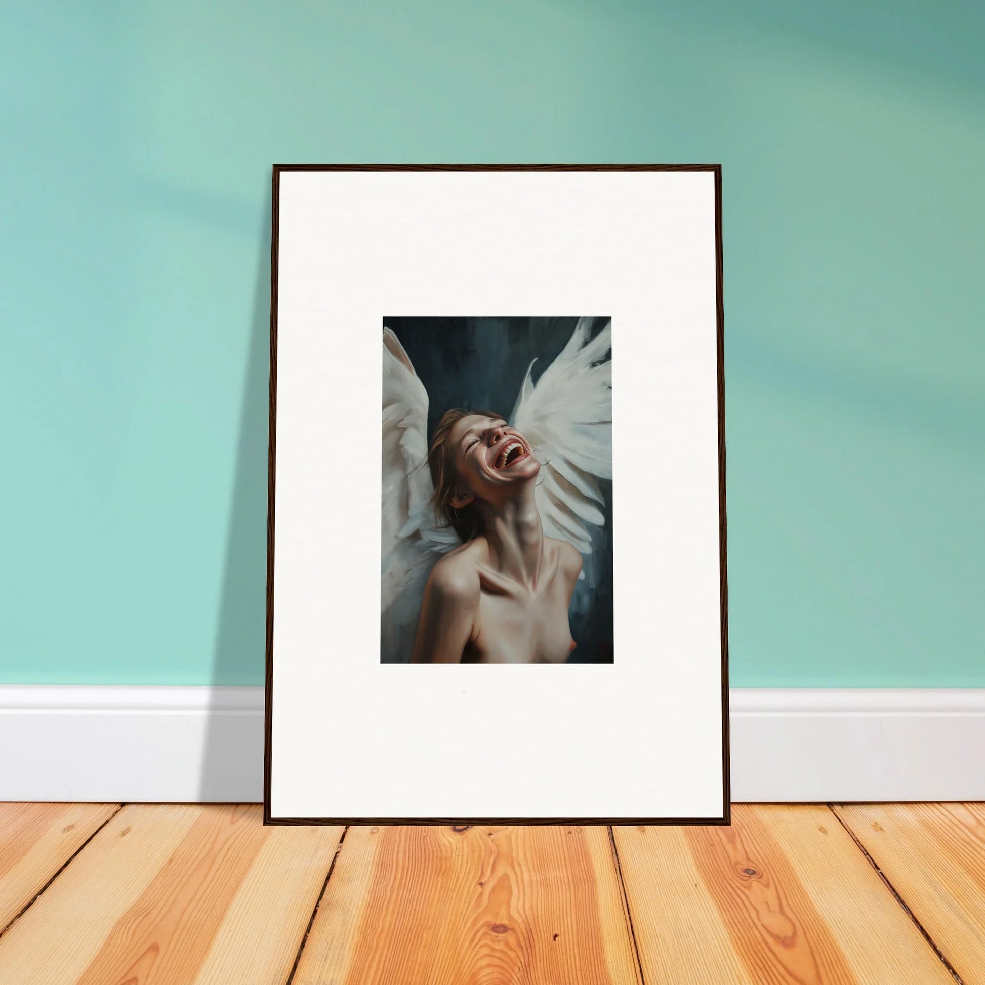 Framed black and white wall art of a joyful person for room decoration, Seraphic Euphoria