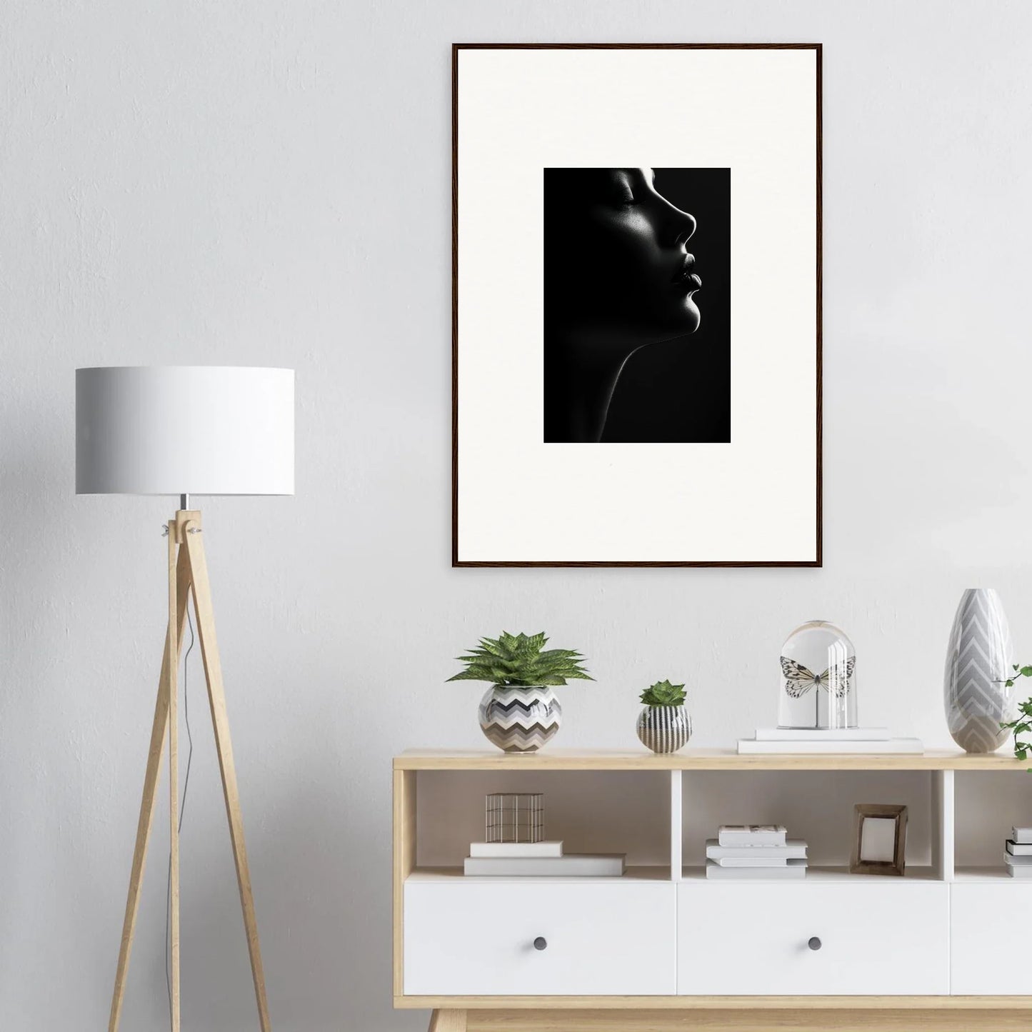 Artistic black and white profile silhouette in premium framed Silhouette’s Siren art