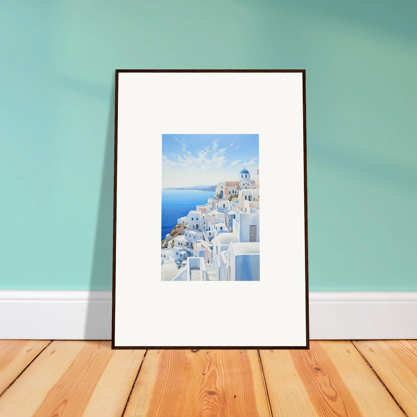 Framed wall art of Santorini’s white buildings and blue domes, dreams overlapping reality