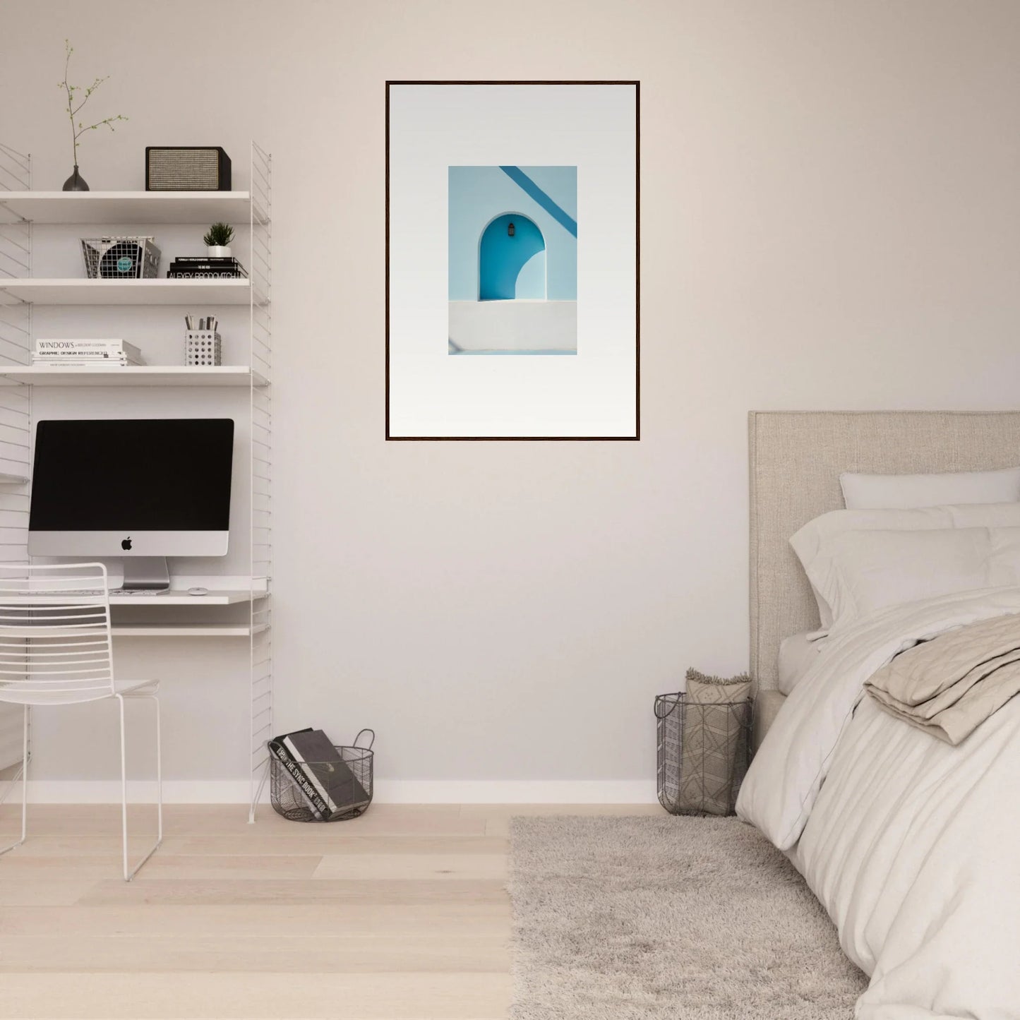 Minimalist bedroom showcasing Elusive Solitude Clarity framed wall art with blue print