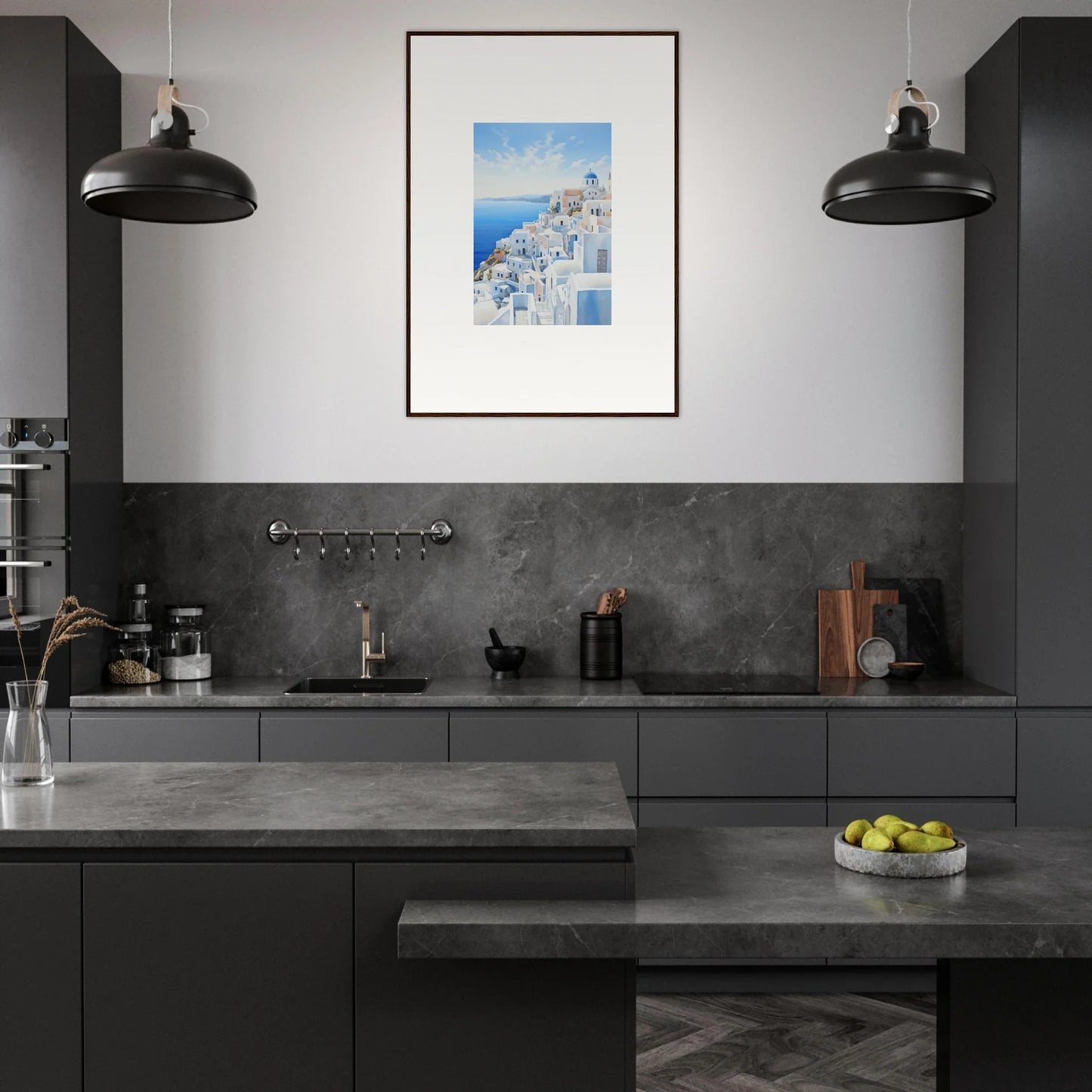 Modern dark gray kitchen with black pendant lights and Dreams Overlapping Reality art