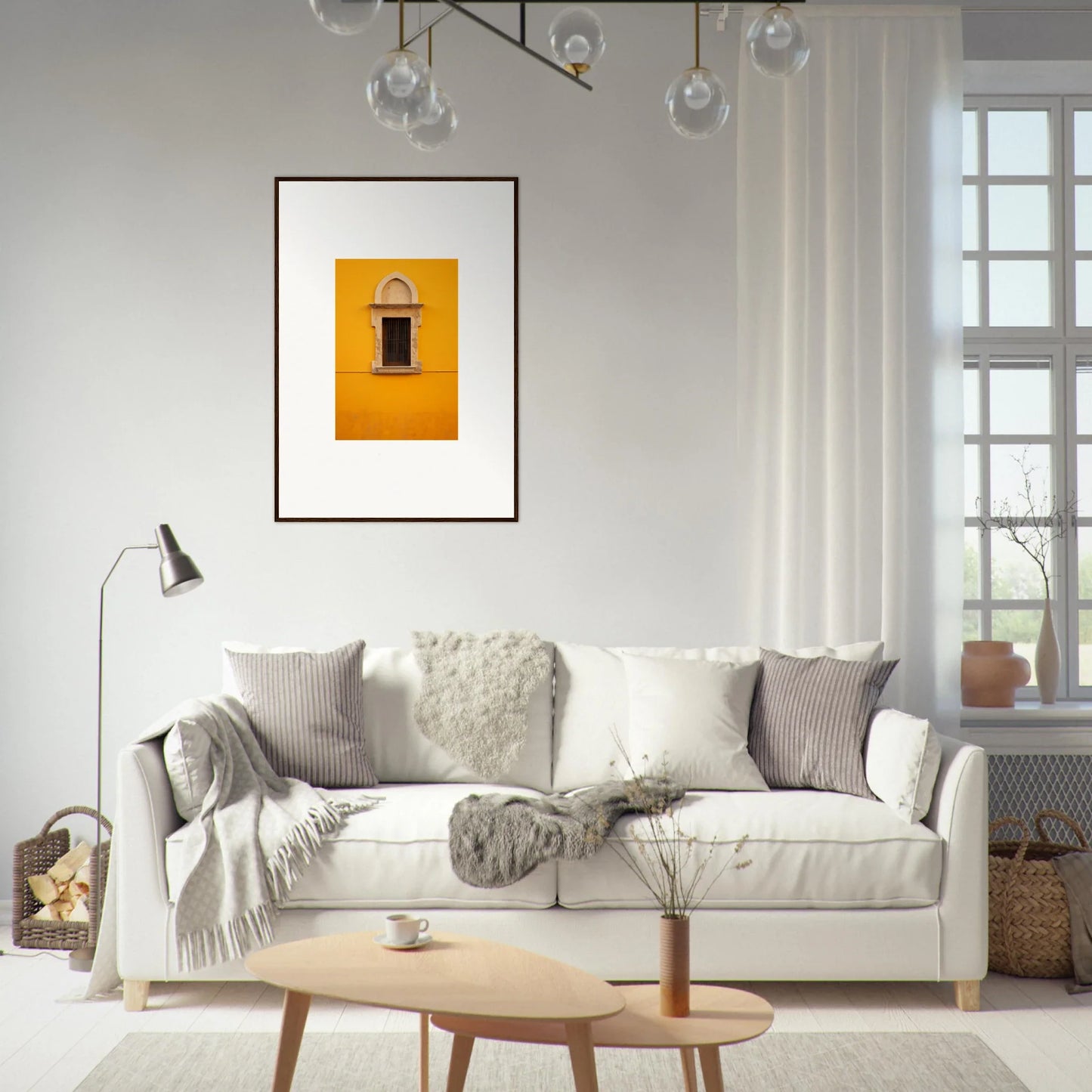 White upholstered sofa with throw pillows beside Golden Correspondence Portal art