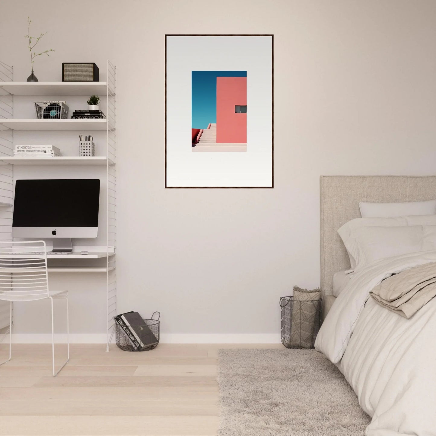 Minimalist bedroom workspace with a modern iMac and Cerulean Dream Ickles art