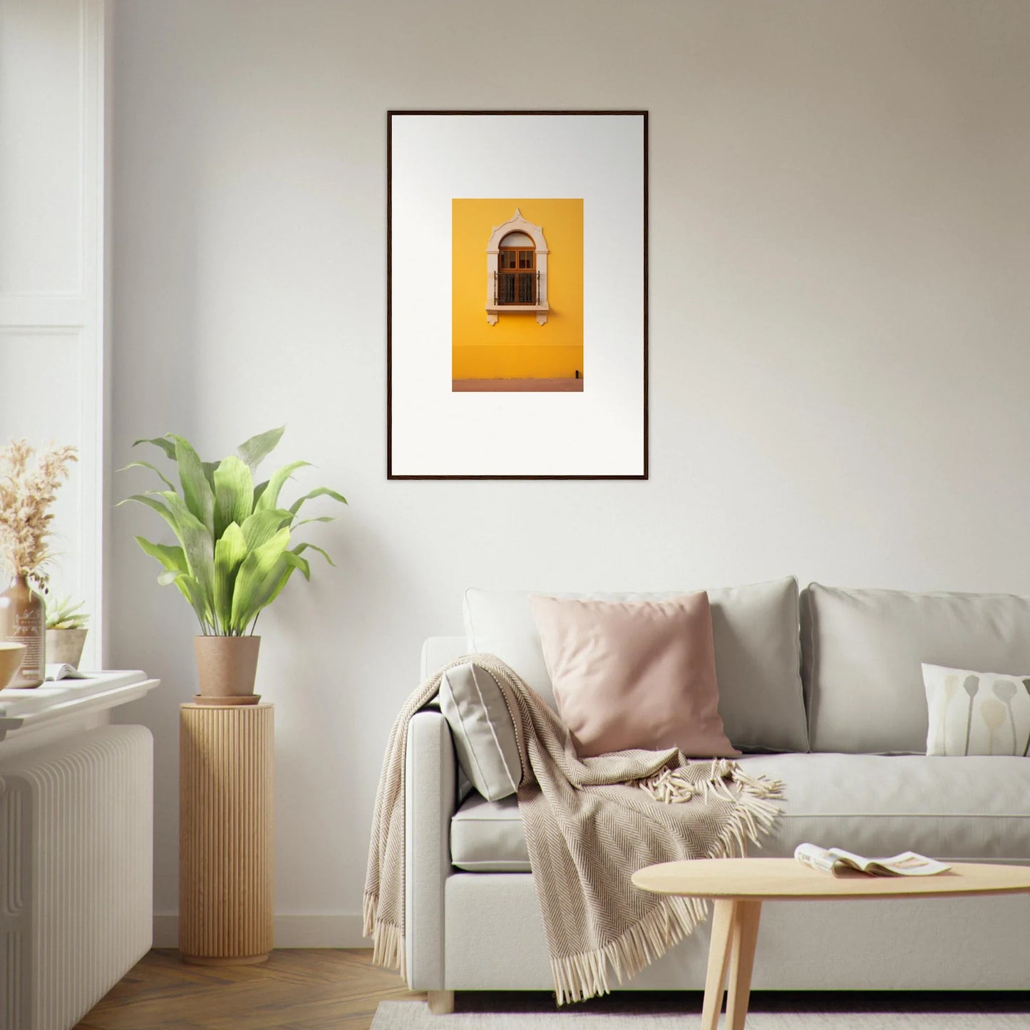 Framed photo of an arched window on a yellow wall from Golden Portal Reverie collection