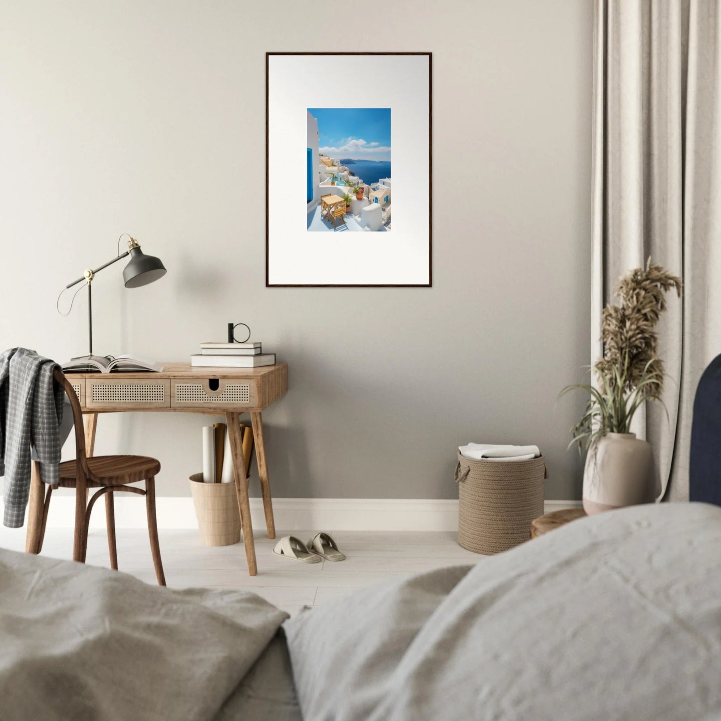 Framed coastal artwork of white buildings by blue sea from Dream-Touched Odyssey collection